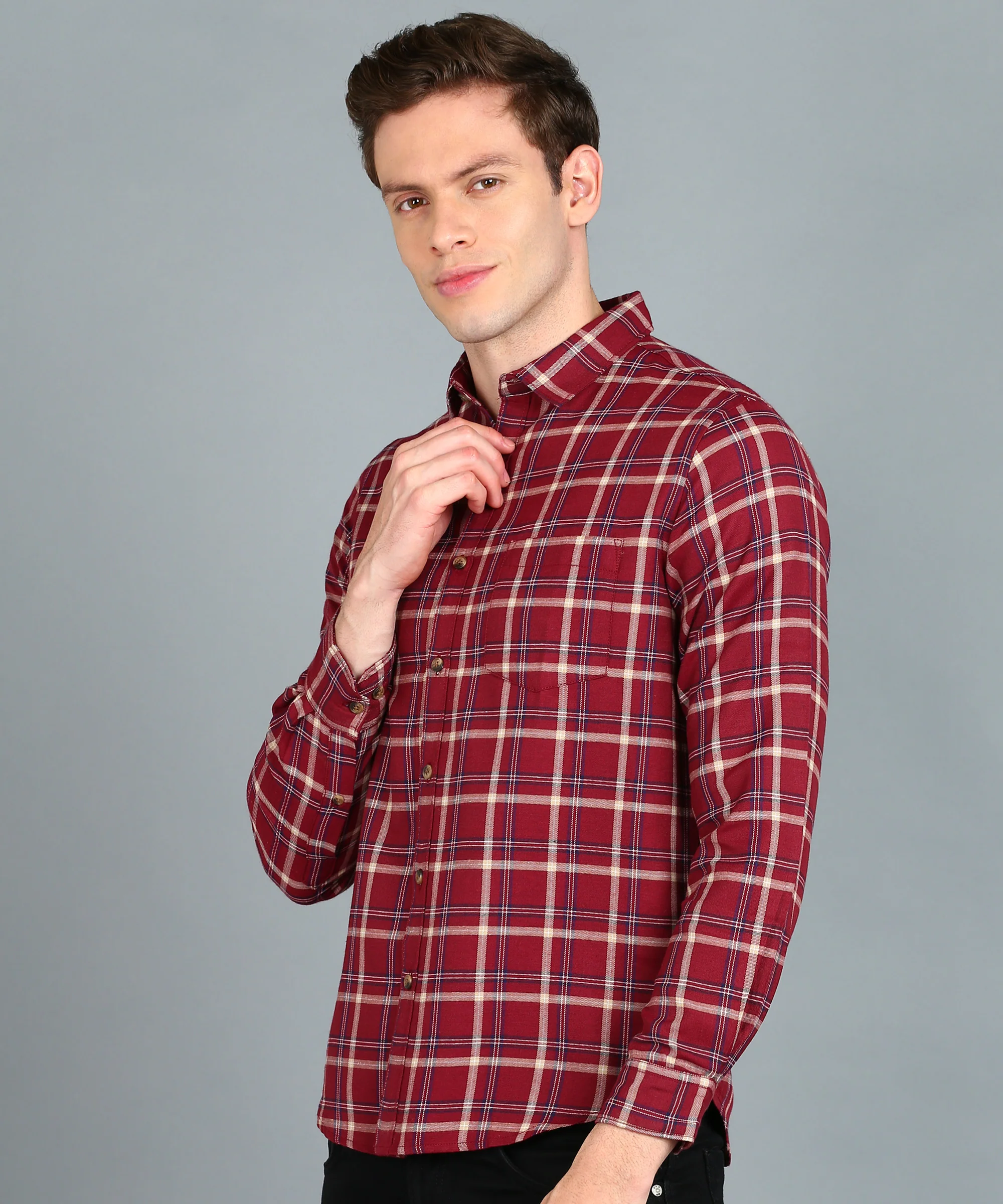 Men's Red Cotton Full Sleeve Slim Fit Casual Checkered Shirt - Image 2