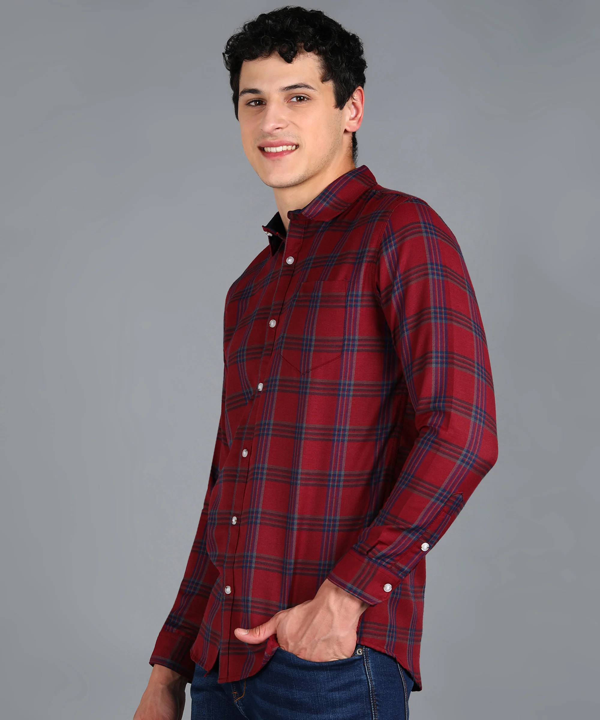 Men's Red Cotton Full Sleeve Slim Fit Casual Checkered Shirt - Image 2