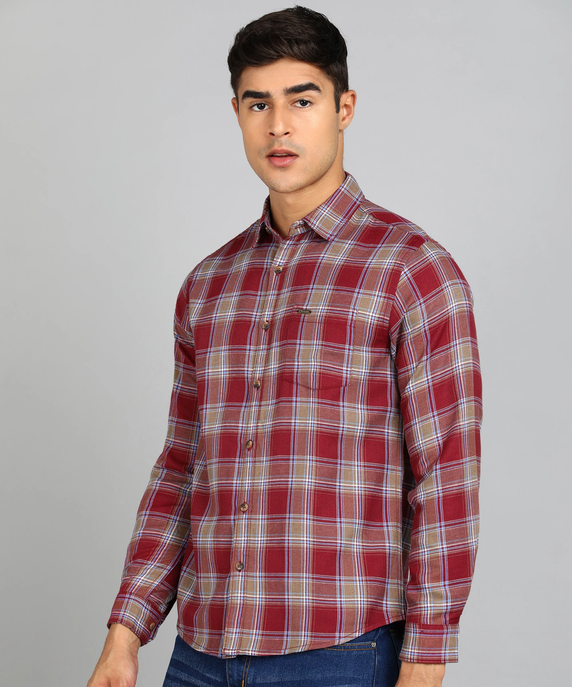 Men's Red Cotton Full Sleeve Slim Fit Casual Checkered Shirt - Image 2