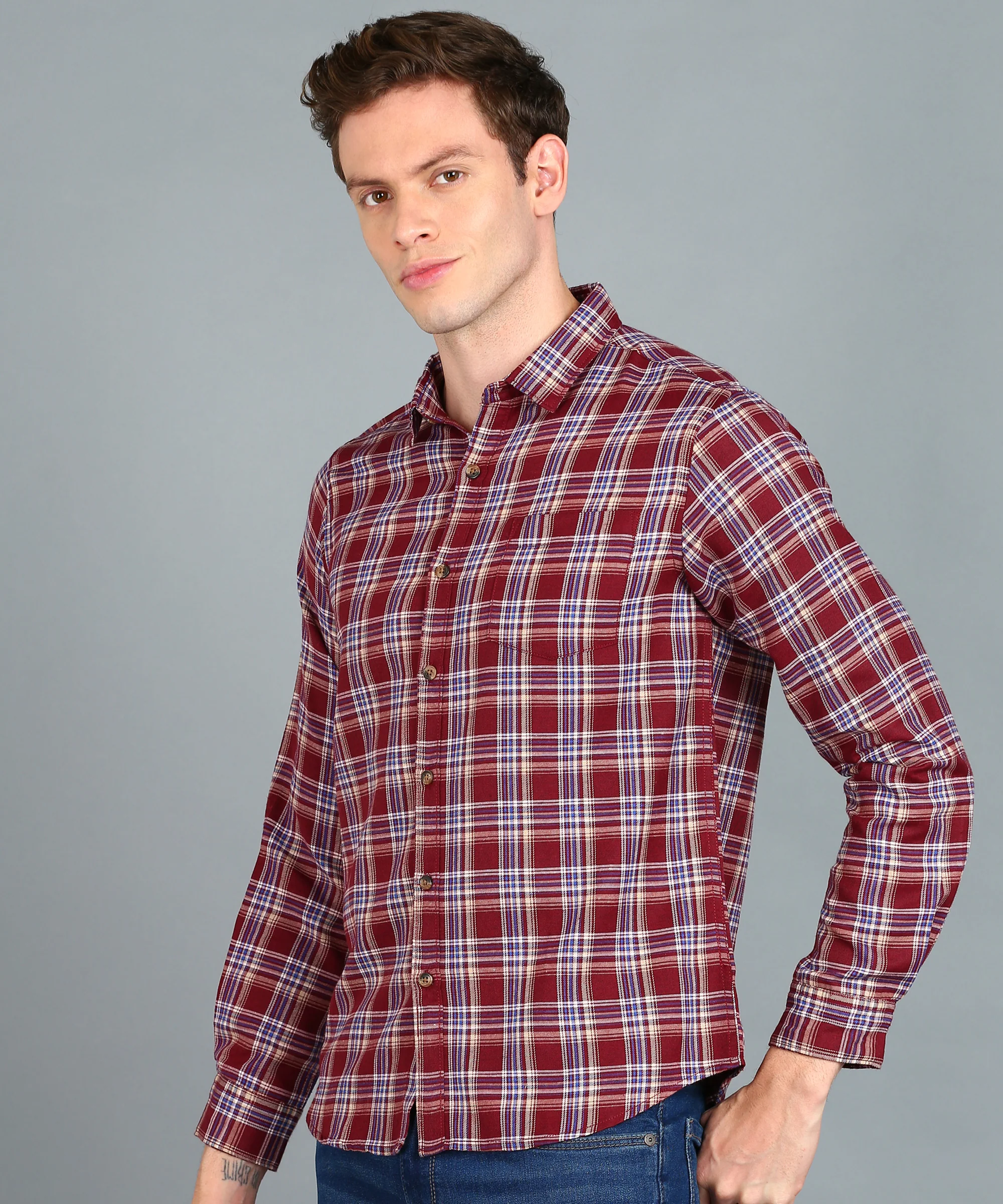 Men's Red Cotton Full Sleeve Slim Fit Casual Checkered Shirt - Image 2