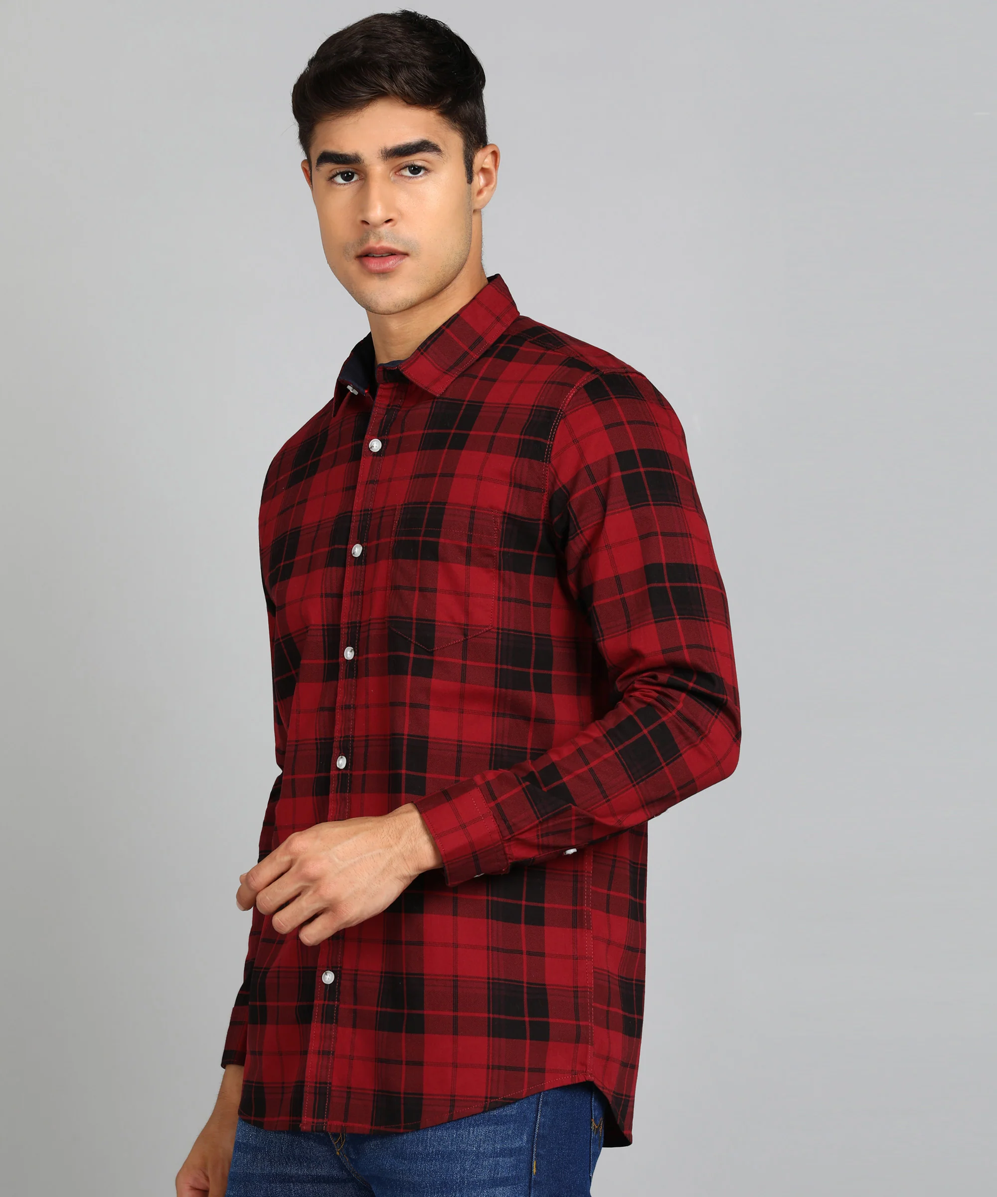 Men's Red Cotton Full Sleeve Slim Fit Casual Checkered Shirt - Image 2