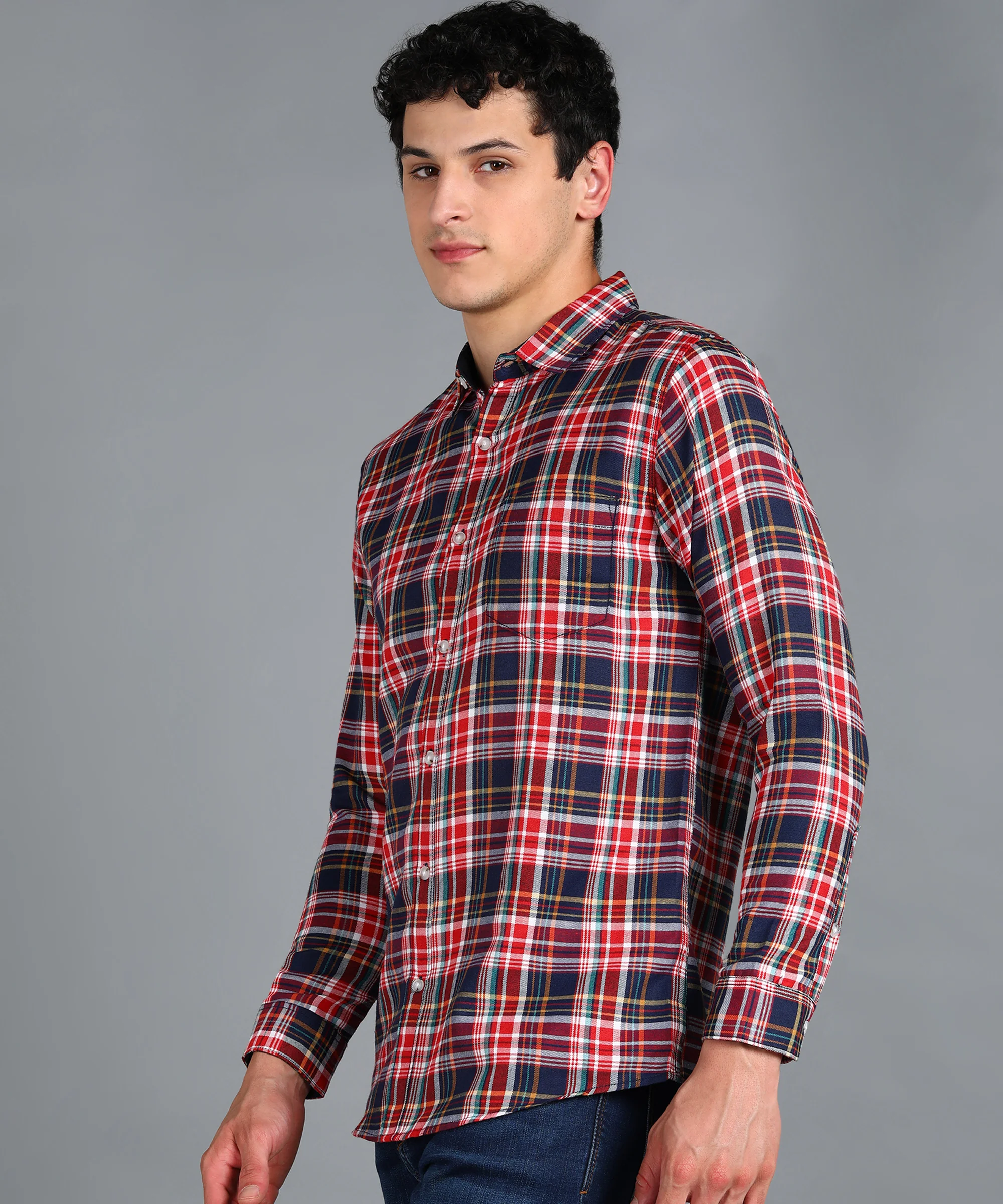 Men's Red Cotton Full Sleeve Slim Fit Casual Checkered Shirt - Image 2