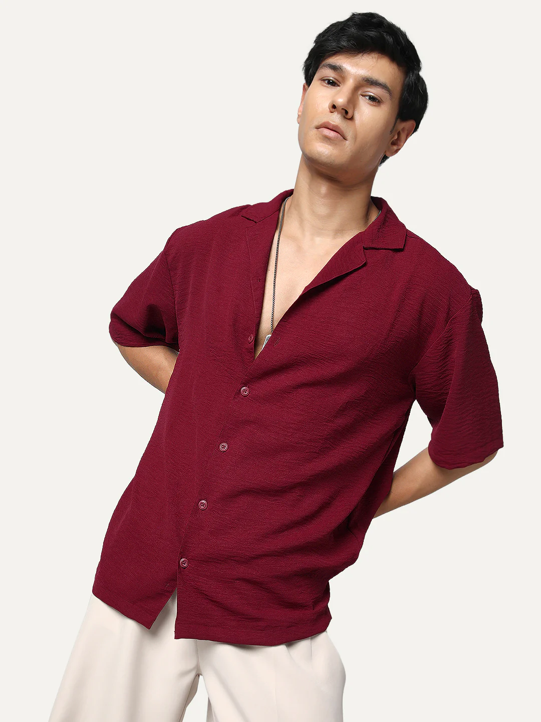 Men's Red Cotton Half Sleeve Relaxed Fit Textured Shirt with Cuban Collar