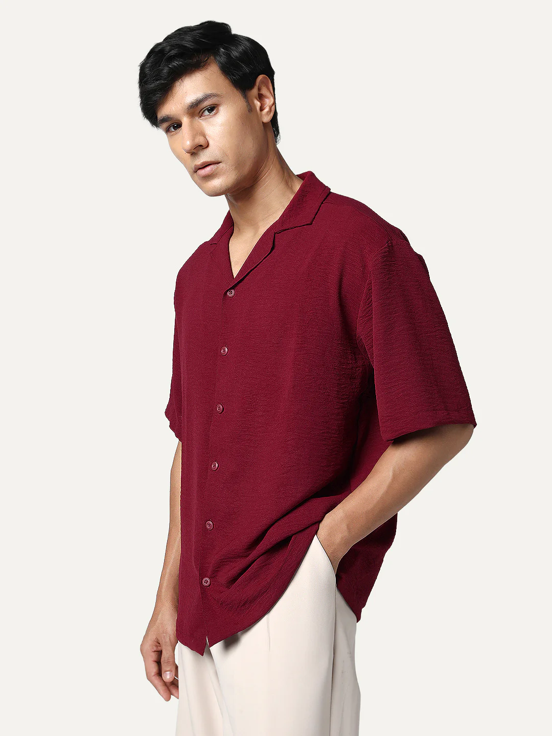 Men's Red Cotton Half Sleeve Relaxed Fit Textured Shirt with Cuban Collar - Image 2