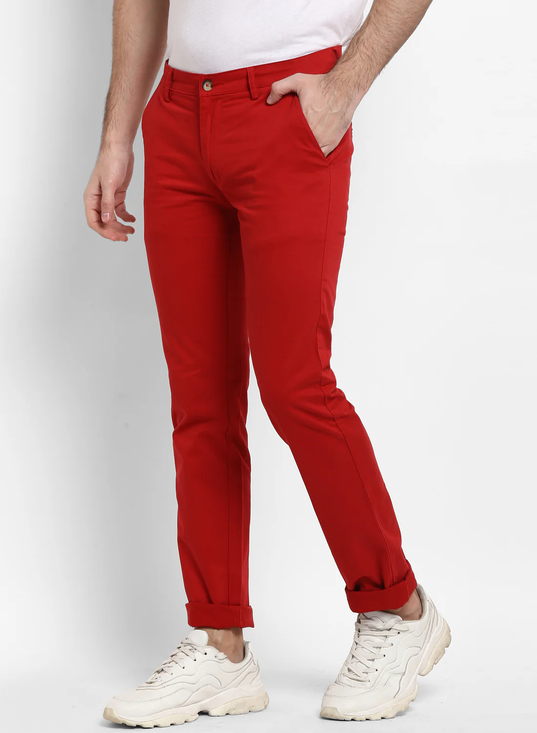 Men's Red Cotton Slim Fit Casual Chinos Trousers Stretch - Image 2