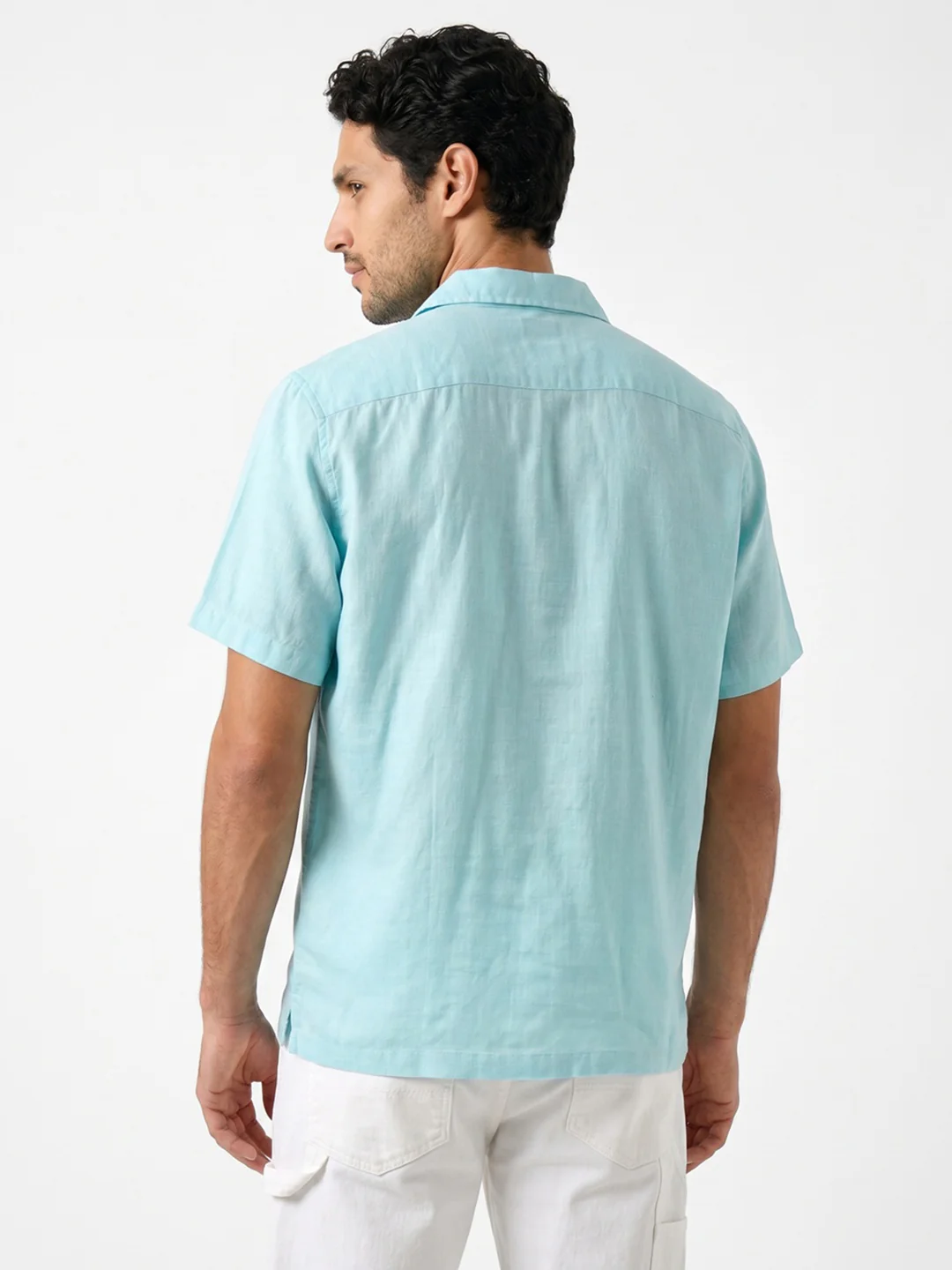 Men's Sky Blue Linen Half Sleeve Oversized Fit Shirt with Cuban Collar - Image 3