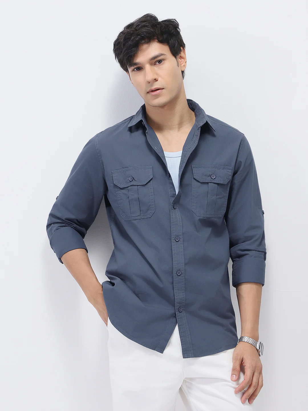 Men's Slate Blue Cotton Full Sleeve Regular Fit Casual Solid Shirt - Image 2