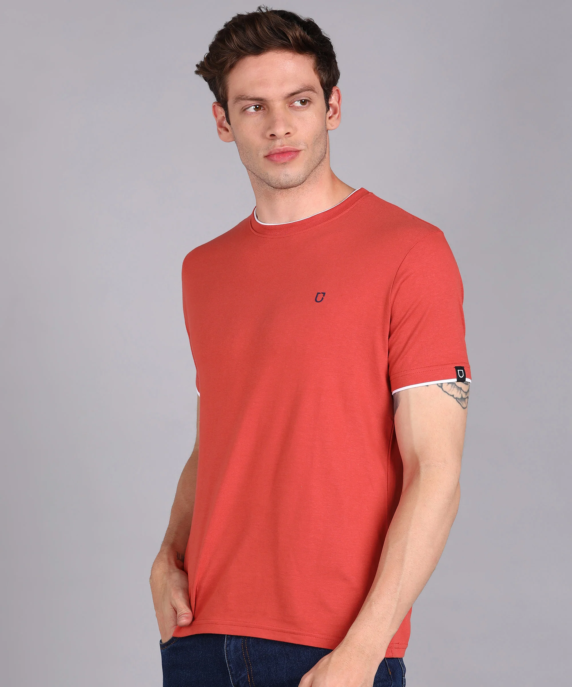 Men's Solid Orange Round Neck Half Sleeve Slim Fit Cotton T-Shirt - Image 2