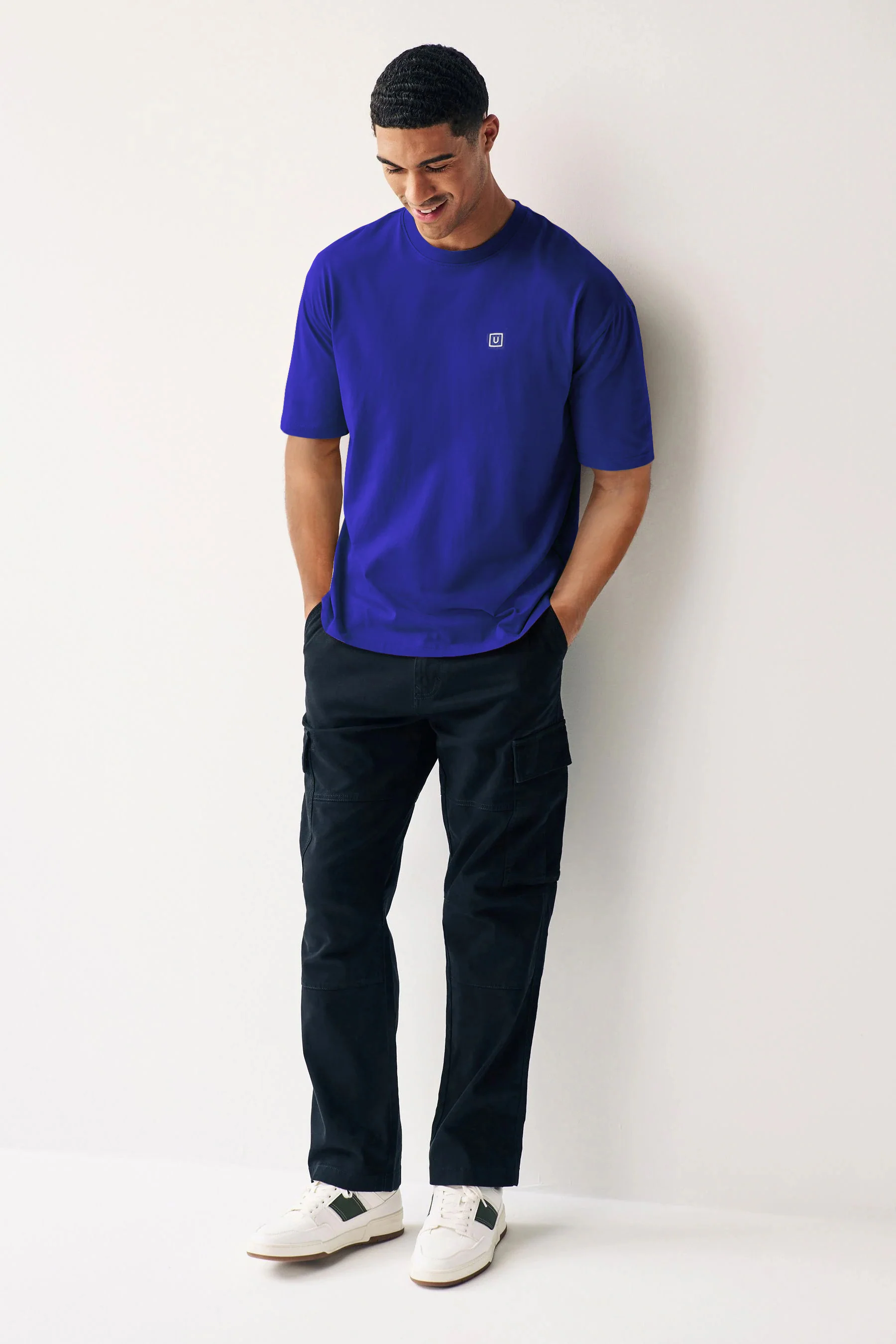 Men's Surf Blue Solid Round Neck Oversized Half Sleeve Cotton T-Shirt - Image 3