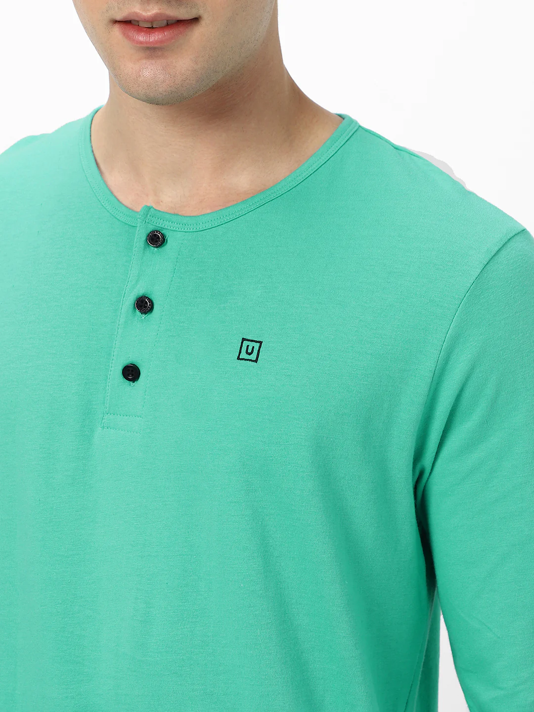 Men's Teal Green Solid Henley Neck Slim Fit Full Sleeve Cotton T-Shirt - Image 5