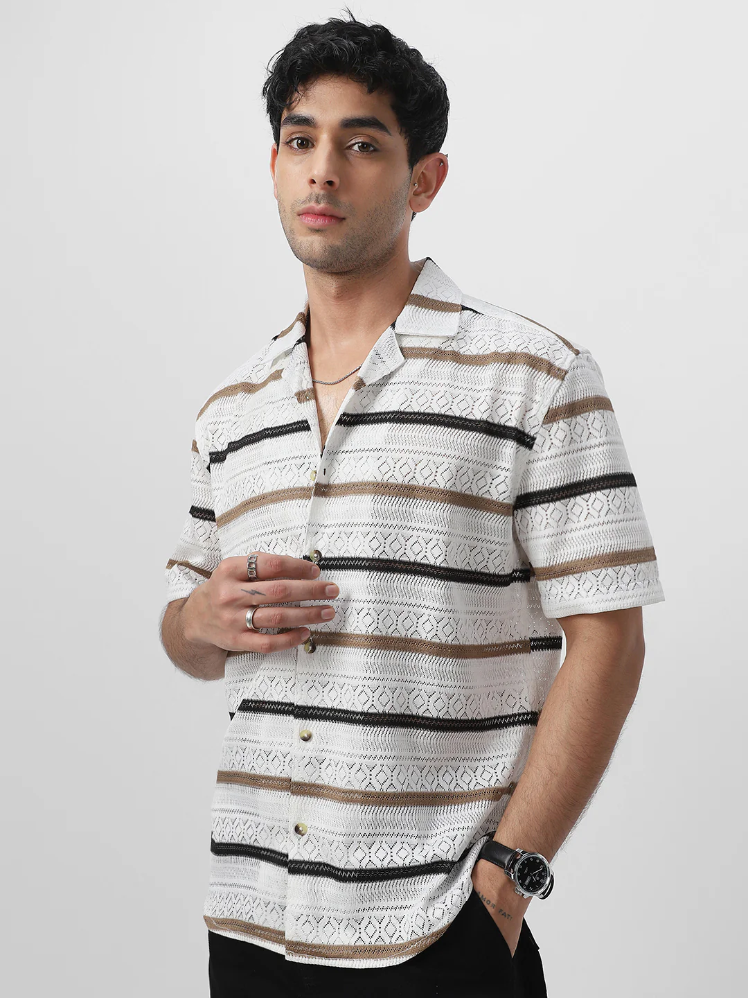 Men's White, Brown Cotton Half Sleeve Oversized Fit Textured Crochet Shirt with Cuban Collar - Image 2