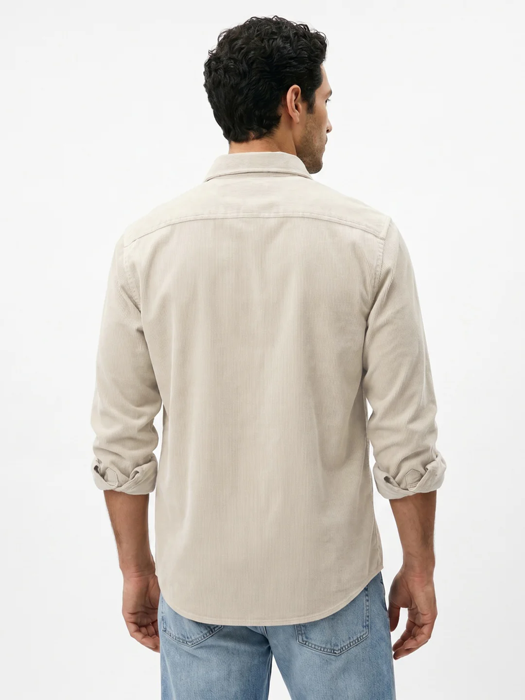 Men's White Corduroy Full Sleeve Regular Fit Solid Overshirt with Utility Pockets - Image 3