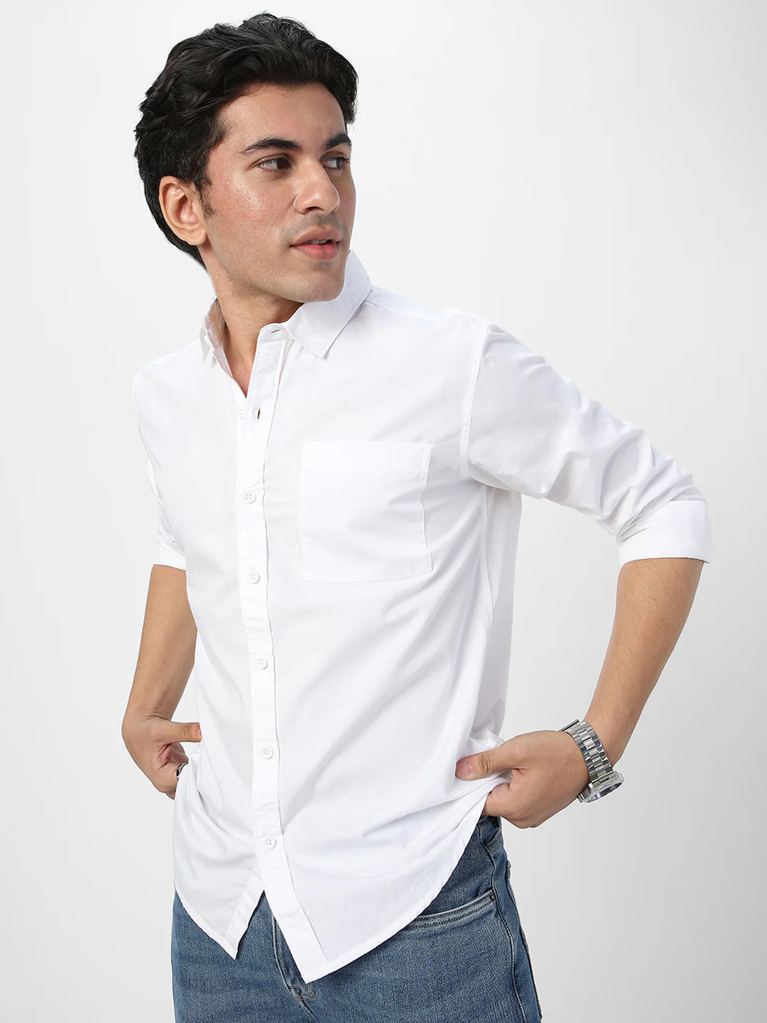 Men's White Cotton Full Sleeve Regular Fit Casual Solid Shirt - Image 2