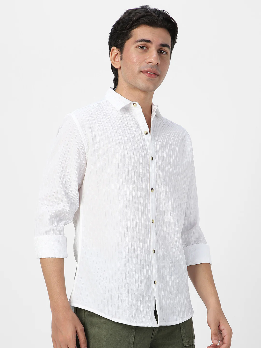 Men's White Cotton Full Sleeve Regular Fit Textured Shirt with Spread Collar - Image 2
