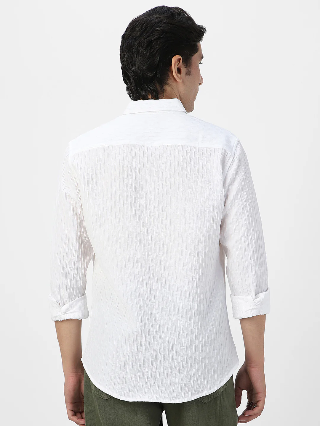 Men's White Cotton Full Sleeve Regular Fit Textured Shirt with Spread Collar - Image 3