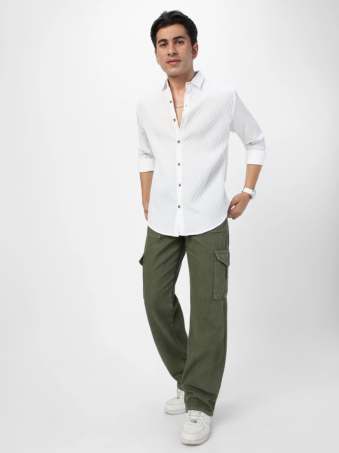 Men's White Cotton Full Sleeve Regular Fit Textured Shirt with Spread Collar - Image 4