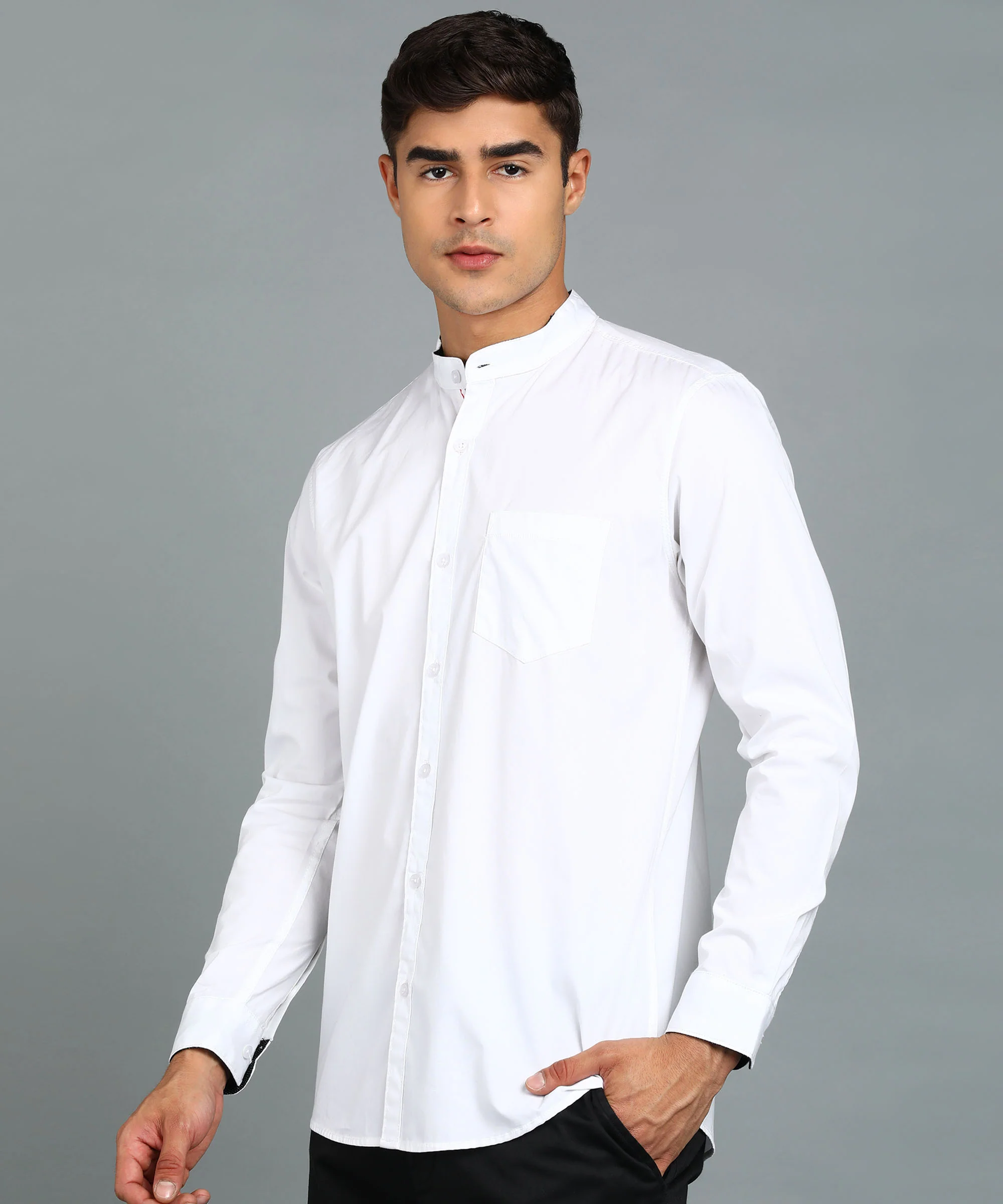 Men's White Cotton Full Sleeve Slim Fit Solid Shirt with Mandarin Collar - Image 2