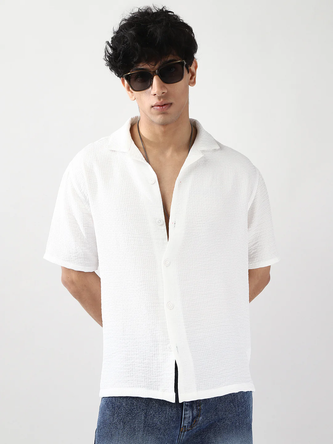 Men's White Cotton Half Sleeve Oversized Fit Textured Shirt with Cuban Collar - Image 2