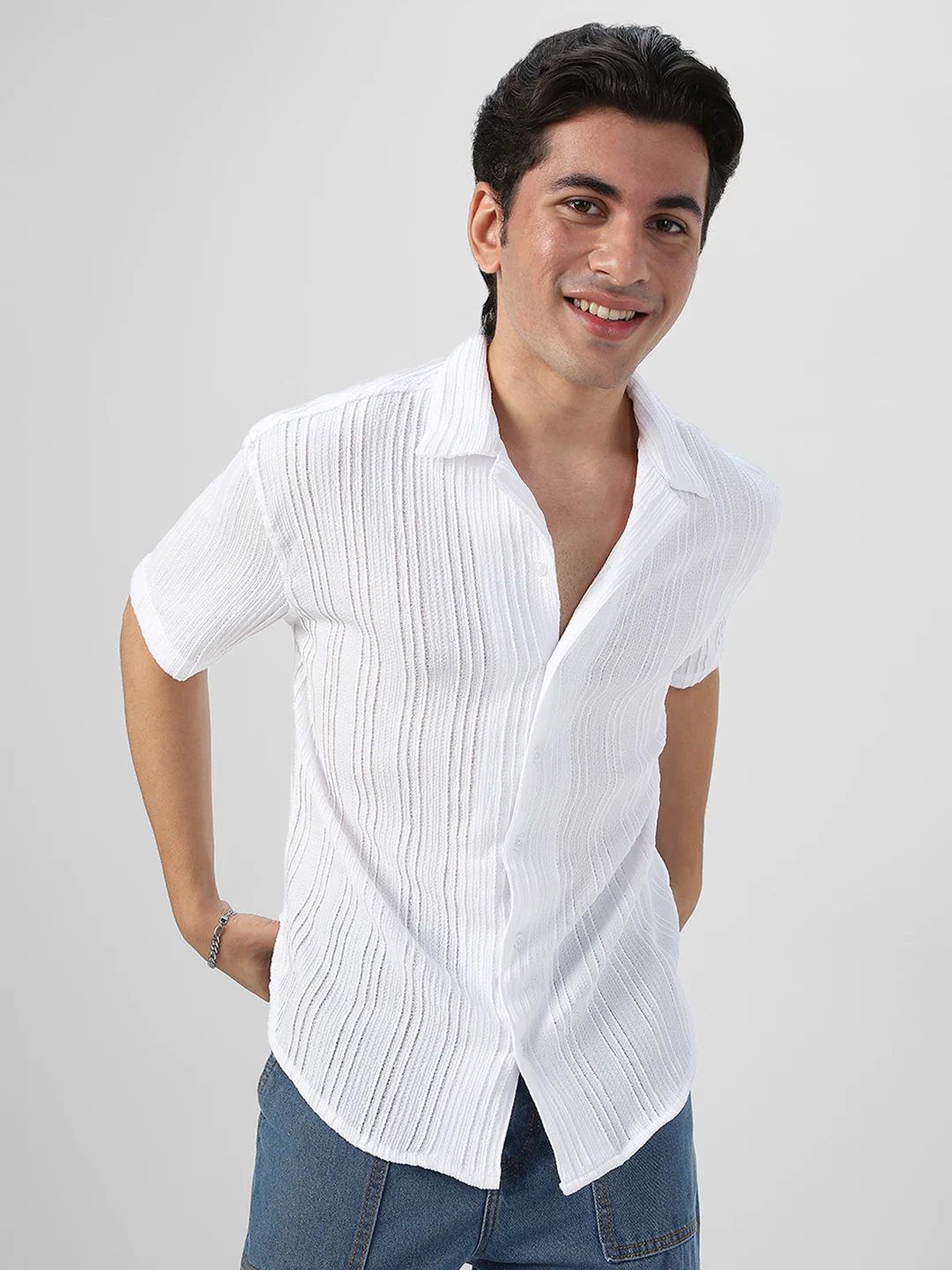 Men's White Cotton Half Sleeve Oversized Fit Textured Shirt with Cuban Collar - Image 2