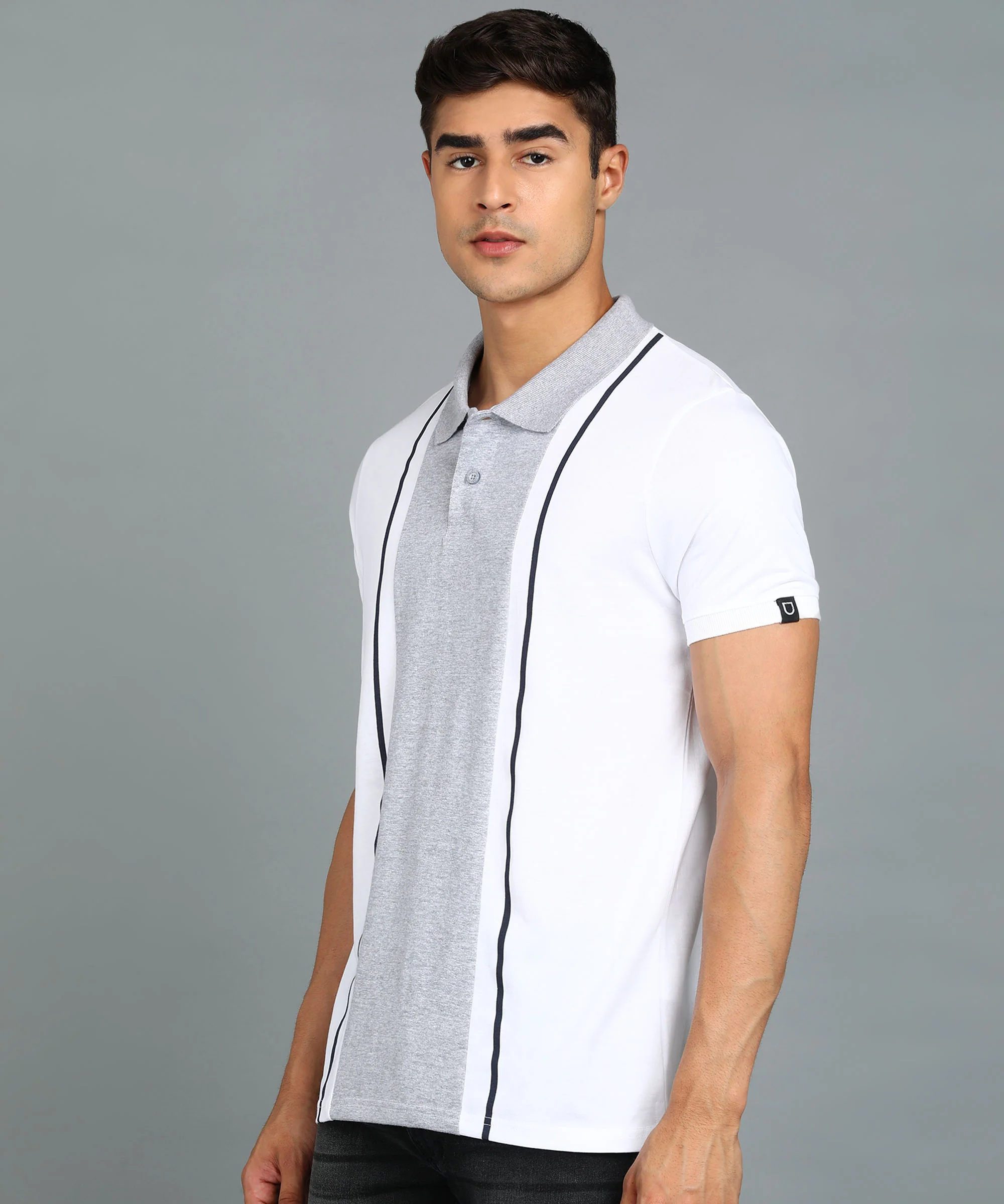 Men's White, Grey, Navy Blue Colour-Block Slim Fit Half Sleeve Cotton Polo T-Shirt - Image 2