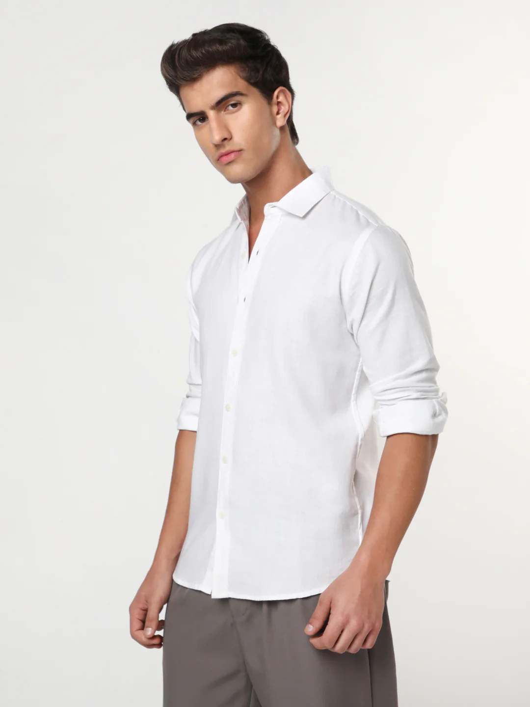 Men's White Linen Blend Full Sleeve Relaxed Fit Casual Solid Shirt - Image 2