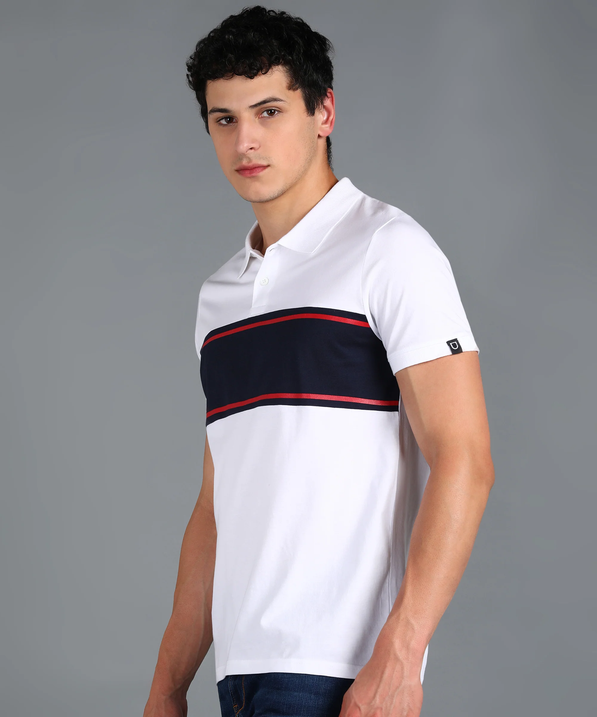 Men's White, Navy Blue, Red Colour-Block Slim Fit Half Sleeve Cotton Polo T-Shirt - Image 2