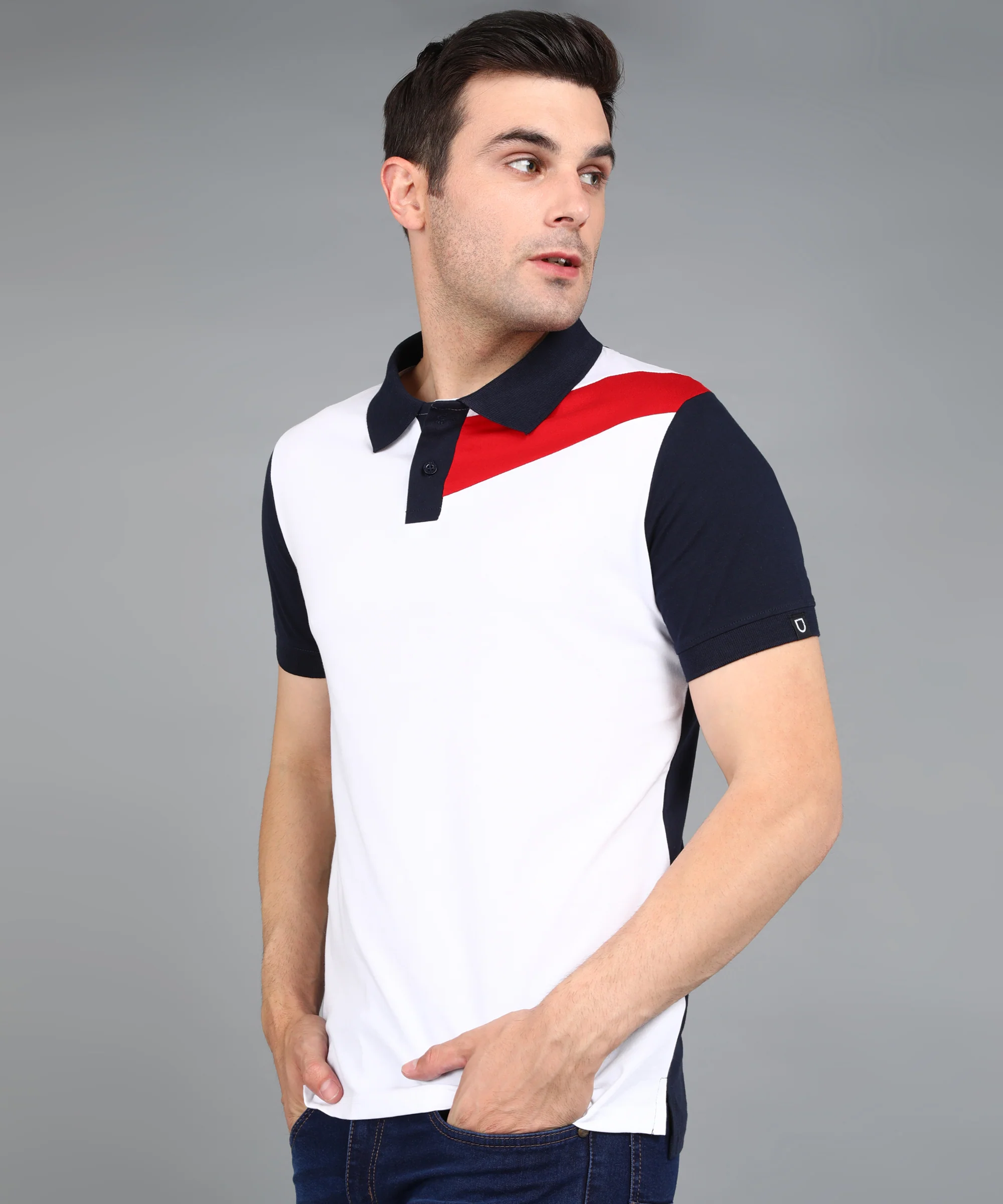Men's White, Navy Blue, Red Colour-Block Slim Fit Half Sleeve Cotton Polo T-Shirt - Image 2