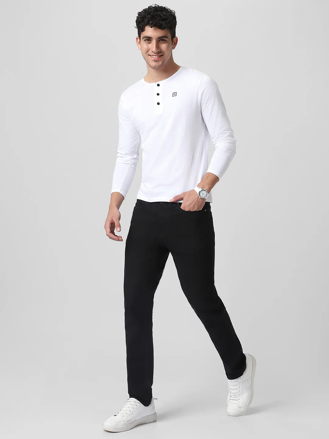 Men's White Solid Henley Neck Slim Fit Cotton T-Shirt - Image 4