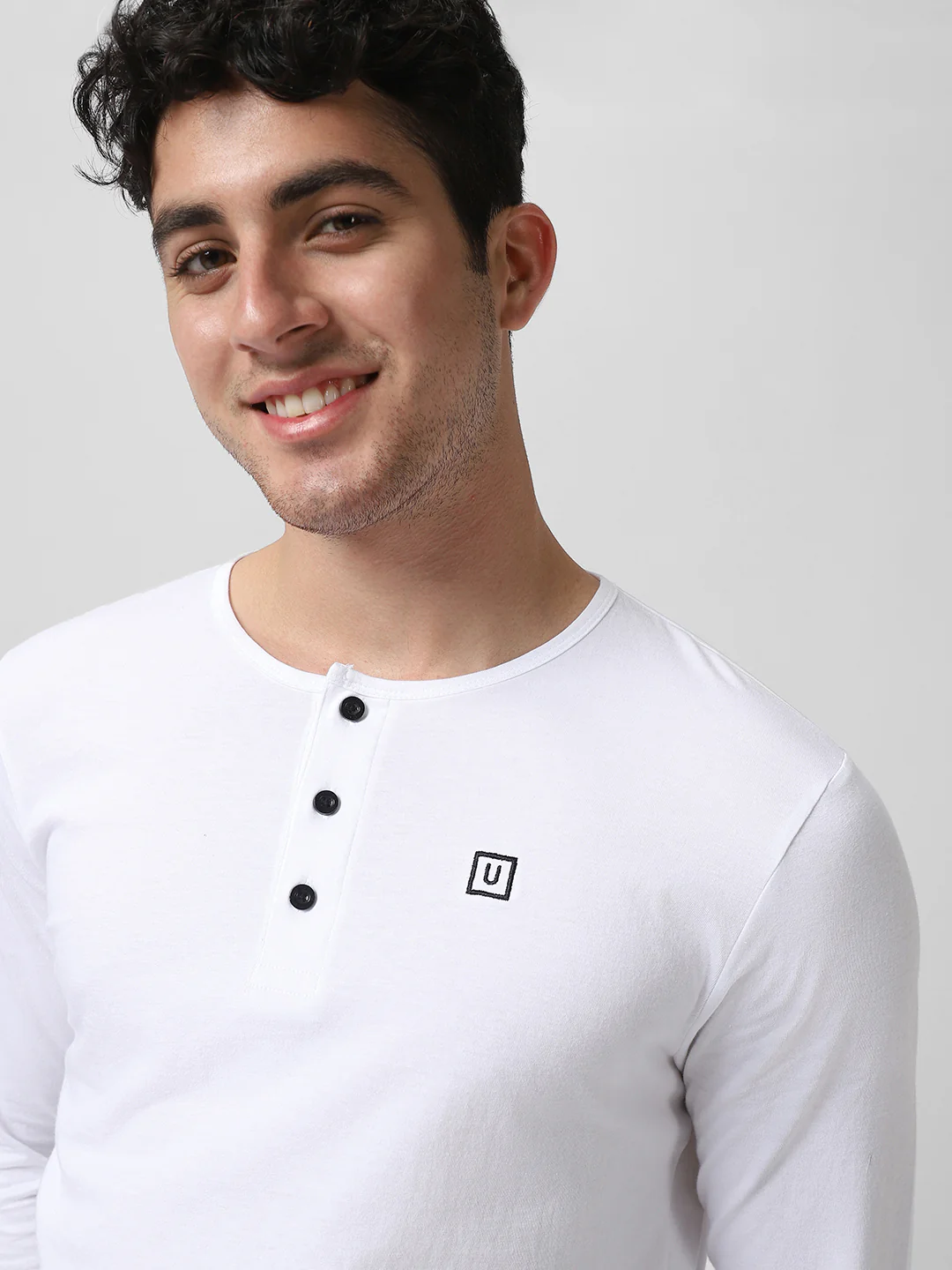 Men's White Solid Henley Neck Slim Fit Cotton T-Shirt - Image 5