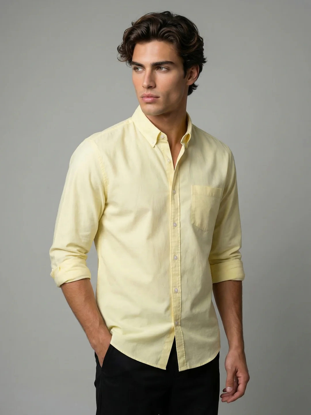 Men's Yellow Cotton Full Sleeve Regular Fit Solid Oxford Shirt With Button-Down Collar - Image 2