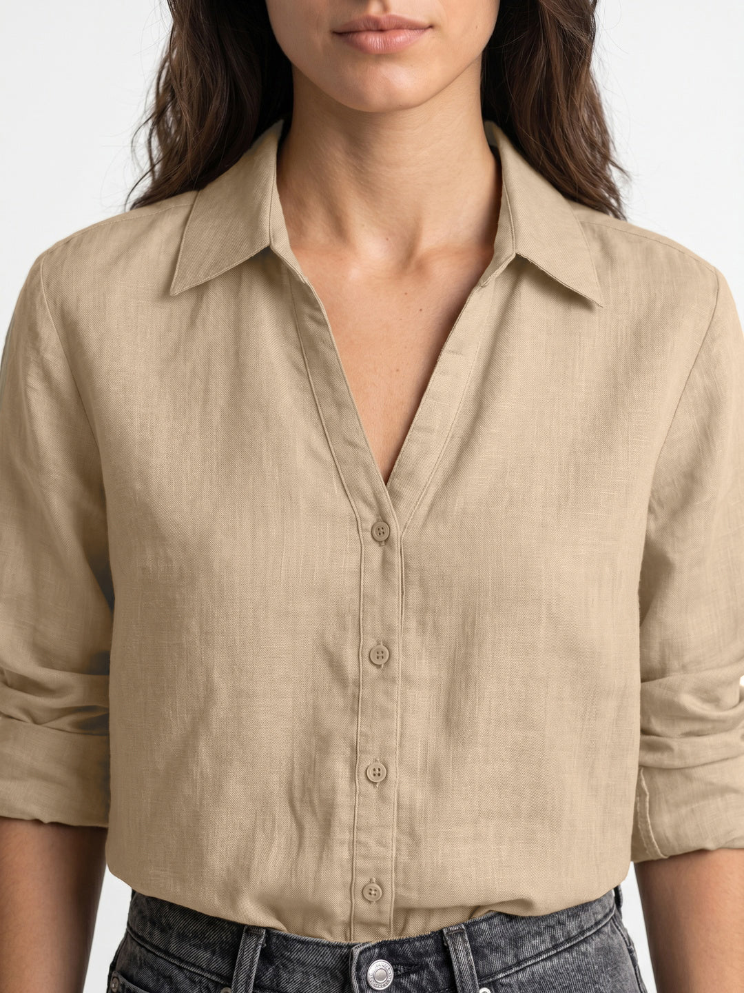 Women's Beige Lyocell Full Sleeve Relaxed Fit Casual Solid Shirt with V-Neck Collar - Image 5