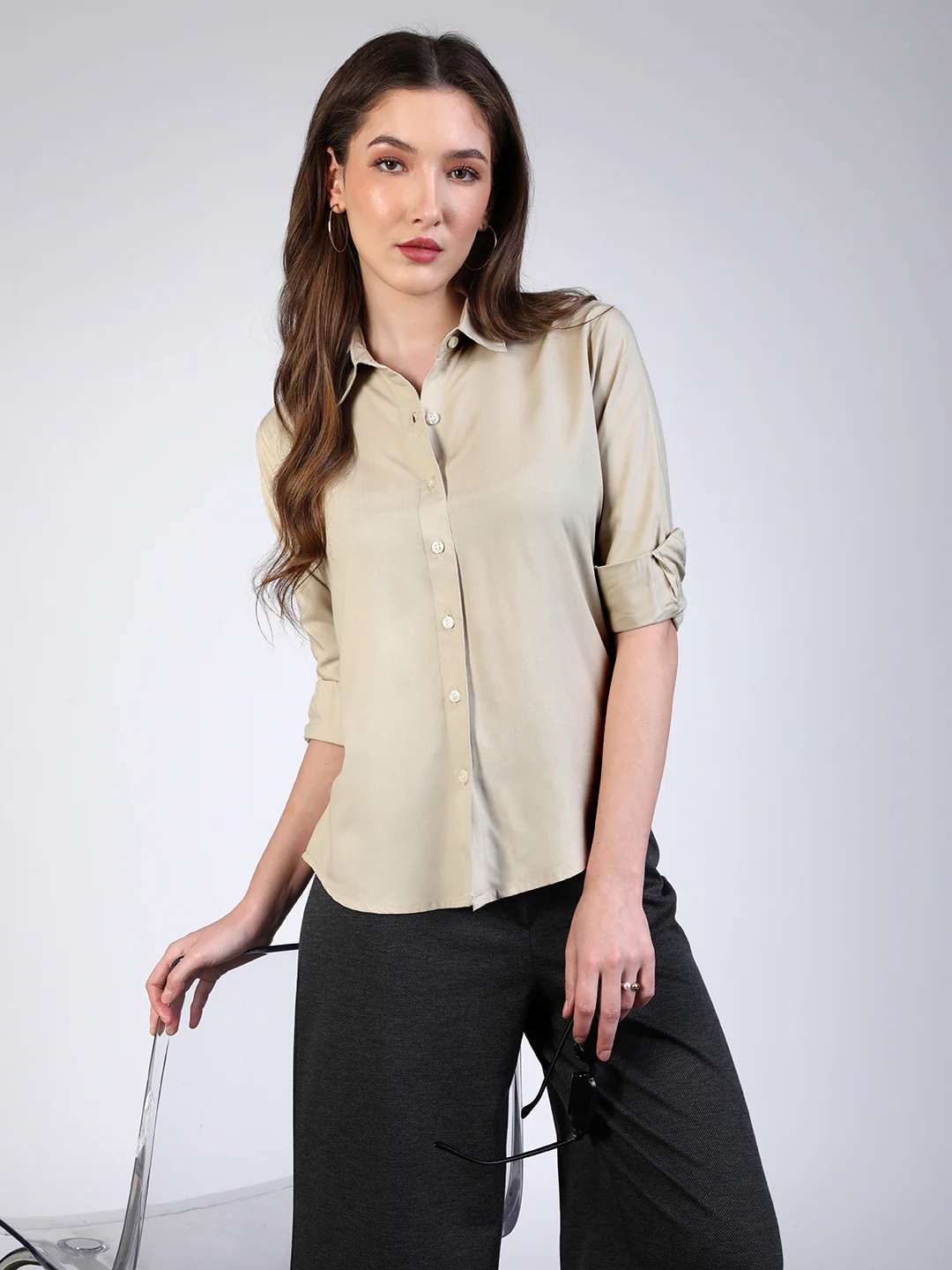 Women's Beige Modal Viscose Full Sleeve Regular Fit Casual Solid Shirt with Regular Collar - Image 2
