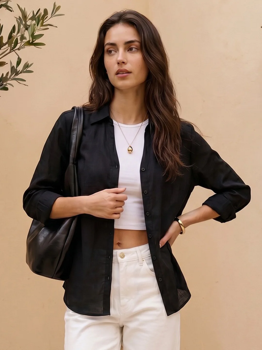 Women's Black Lyocell Full Sleeve Relaxed Fit Casual Solid Shirt with V-Neck Collar
