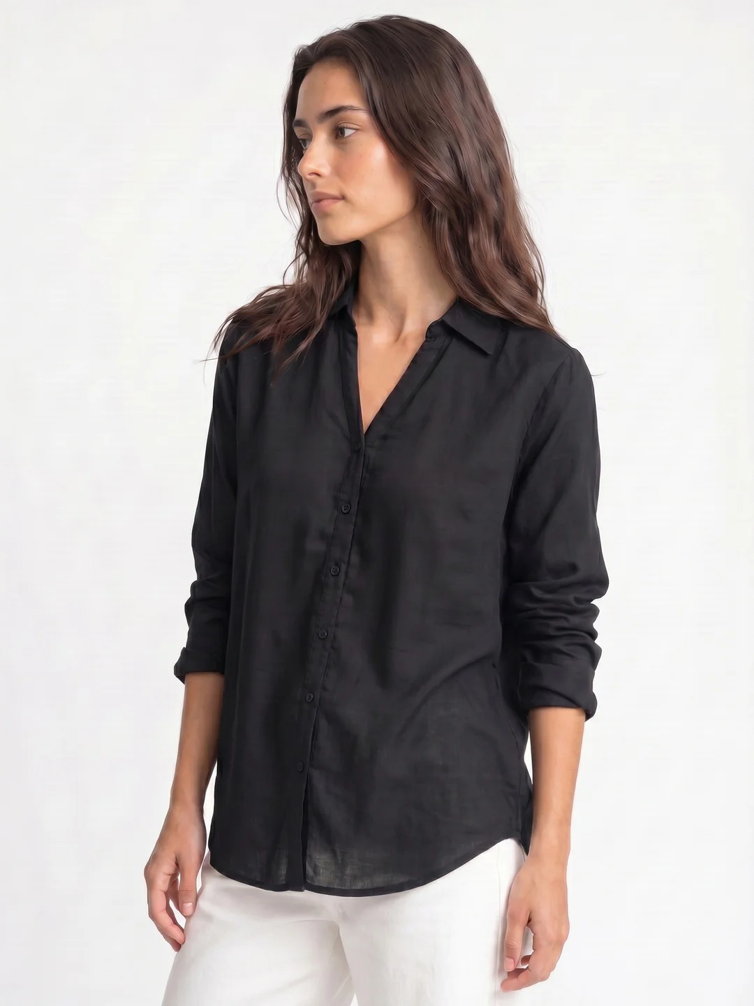 Women's Black Lyocell Full Sleeve Relaxed Fit Casual Solid Shirt with V-Neck Collar - Image 2