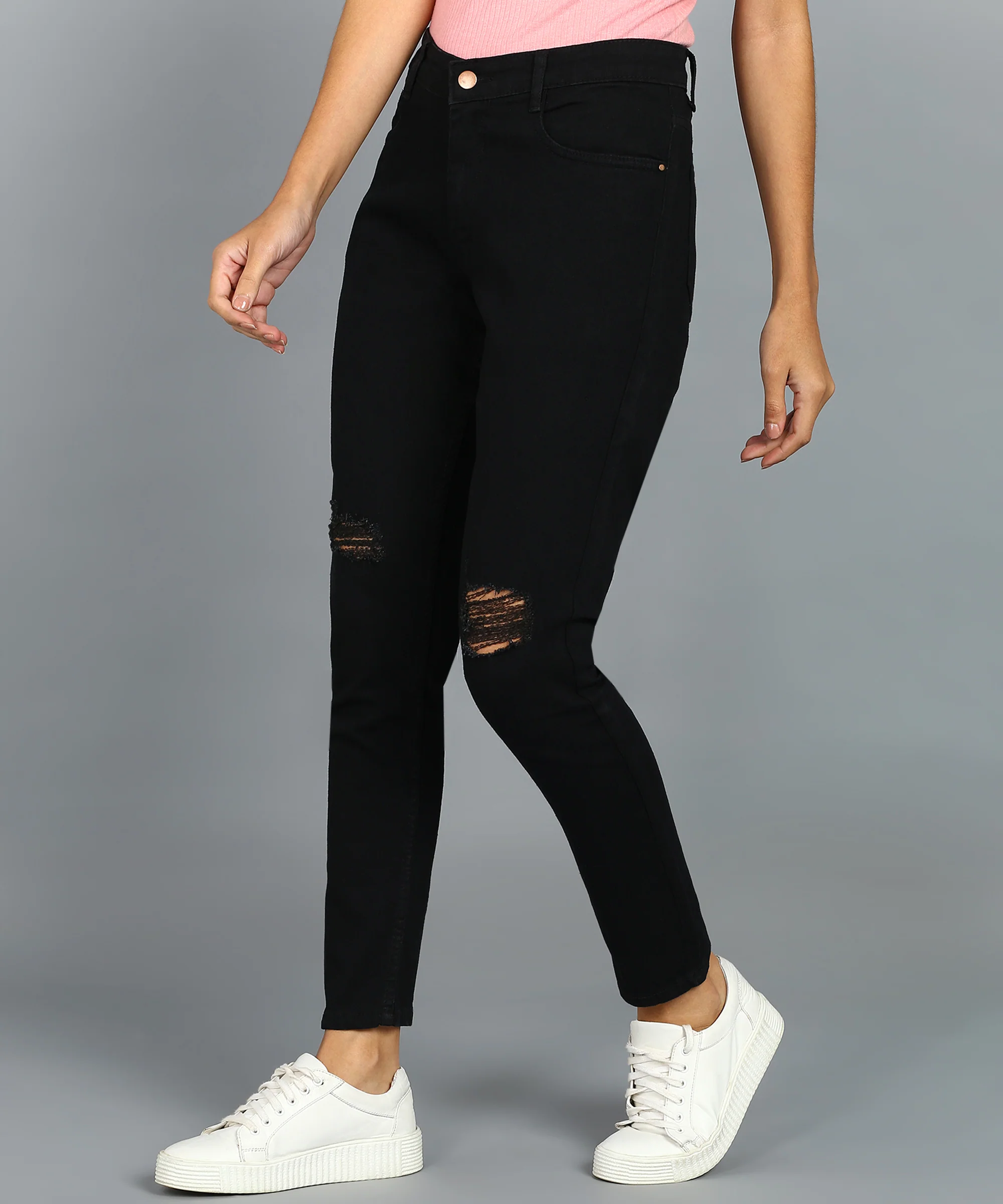 Women's Black Skinny Fit Mild Distressed Washed Jeans - Image 2