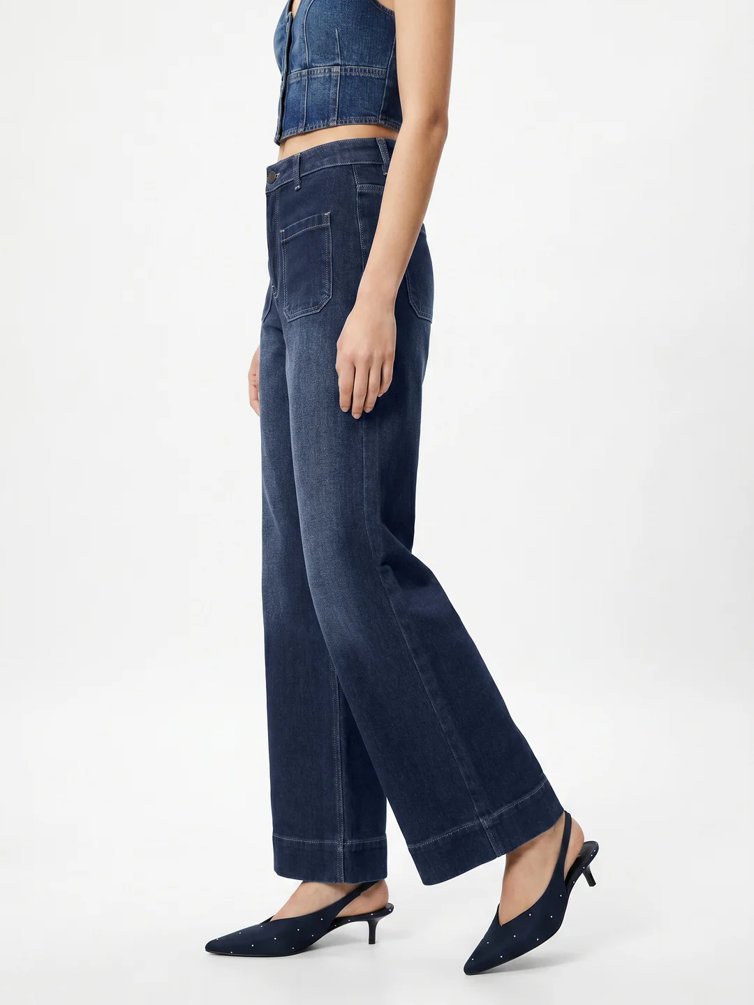 Women's Blue Mid Rise Wide-Leg Washed Jeans Non-Stretchable - Image 2