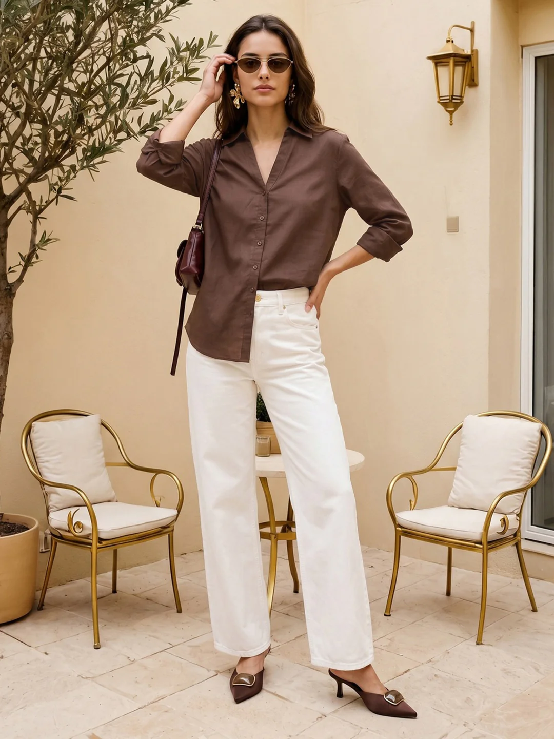 Women's Brown Lyocell Full Sleeve Relaxed Fit Casual Solid Shirt with V-Neck Collar - Image 4
