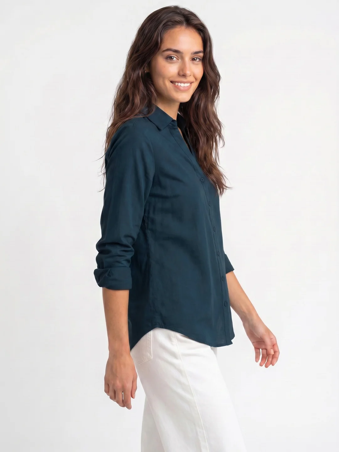 Women's Dark Blue Lyocell Full Sleeve Relaxed Fit Casual Solid Shirt with V-Neck Collar - Image 2
