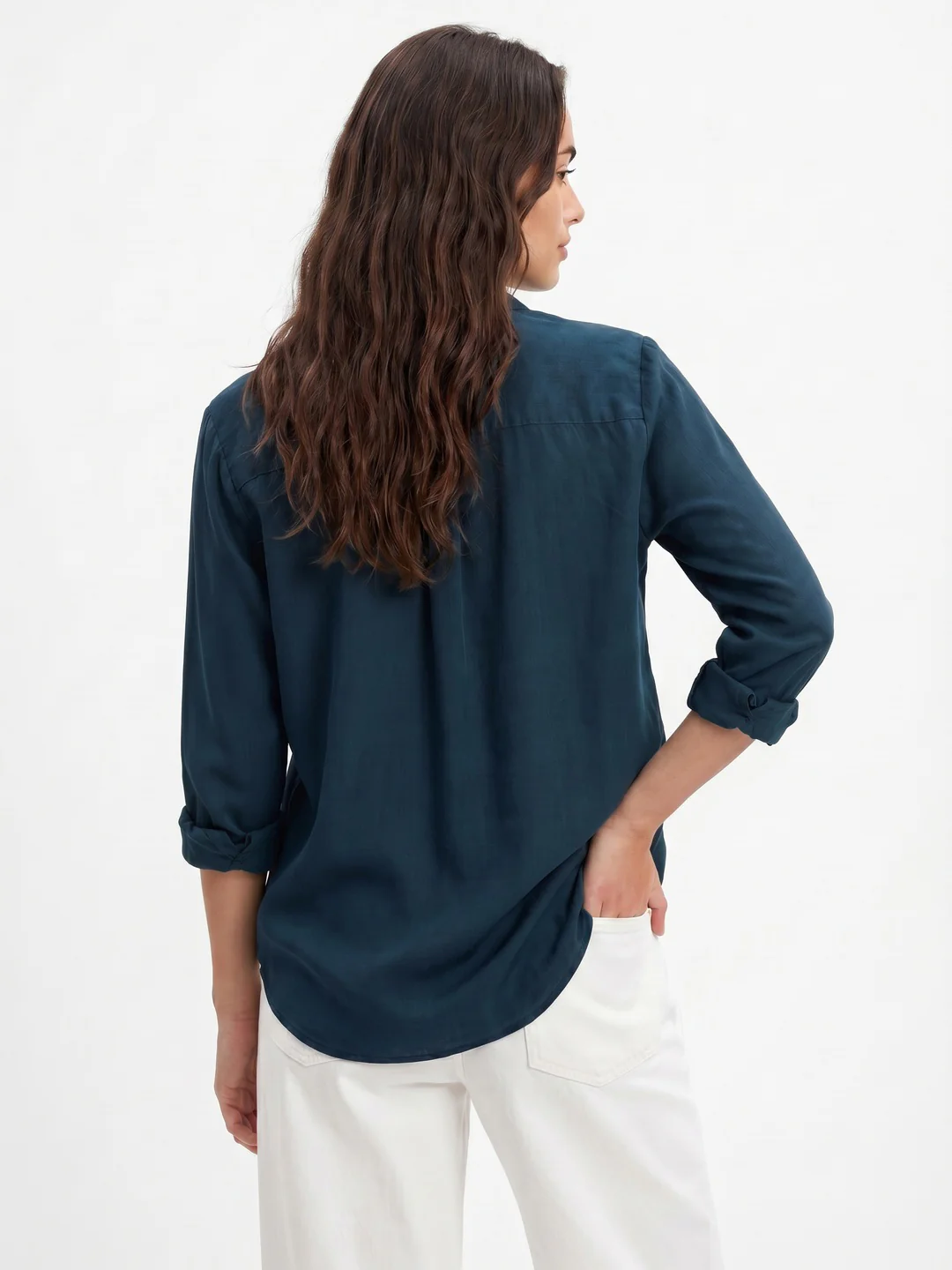 Women's Dark Blue Lyocell Full Sleeve Relaxed Fit Casual Solid Shirt with V-Neck Collar - Image 3