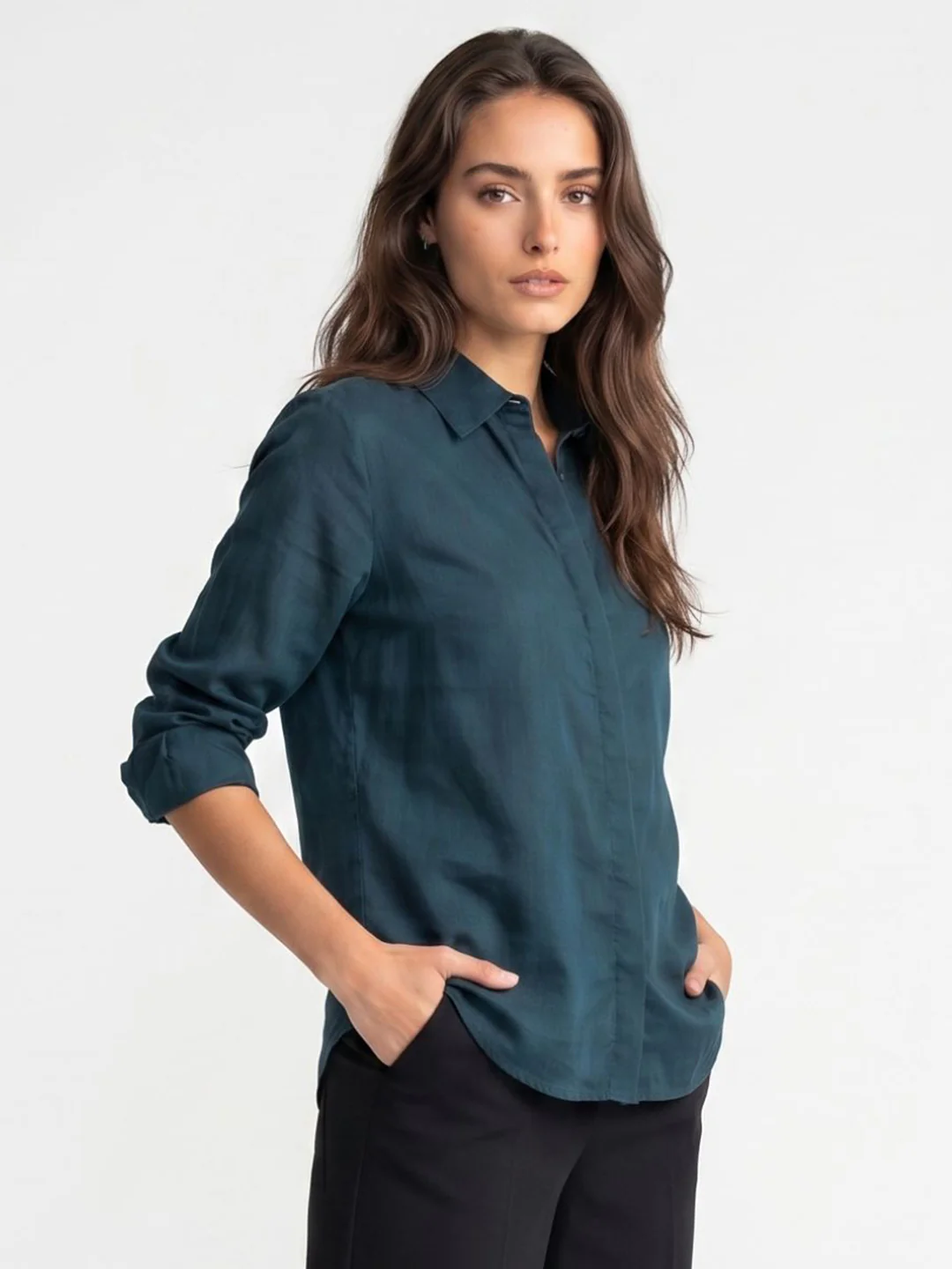 Women's Dark Blue Lyocell Full Sleeve Relaxed Fit Concealed Placket Casual Solid Shirt with Regular Collar - Image 2