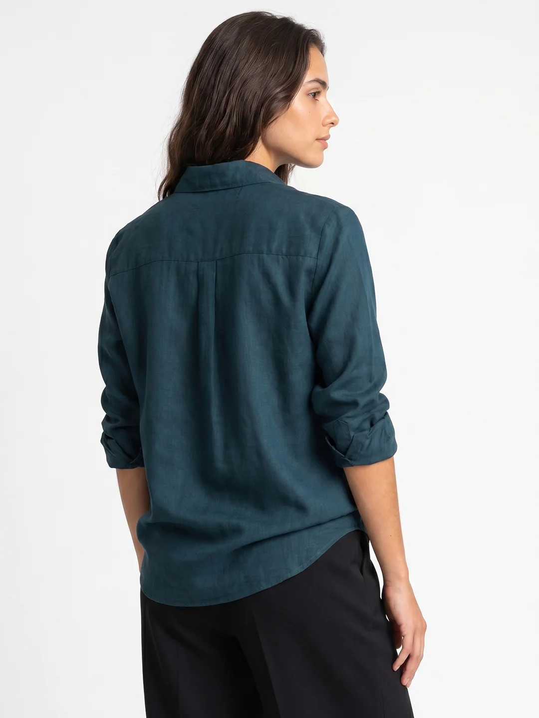 Women's Dark Blue Lyocell Full Sleeve Relaxed Fit Concealed Placket Casual Solid Shirt with Regular Collar - Image 3