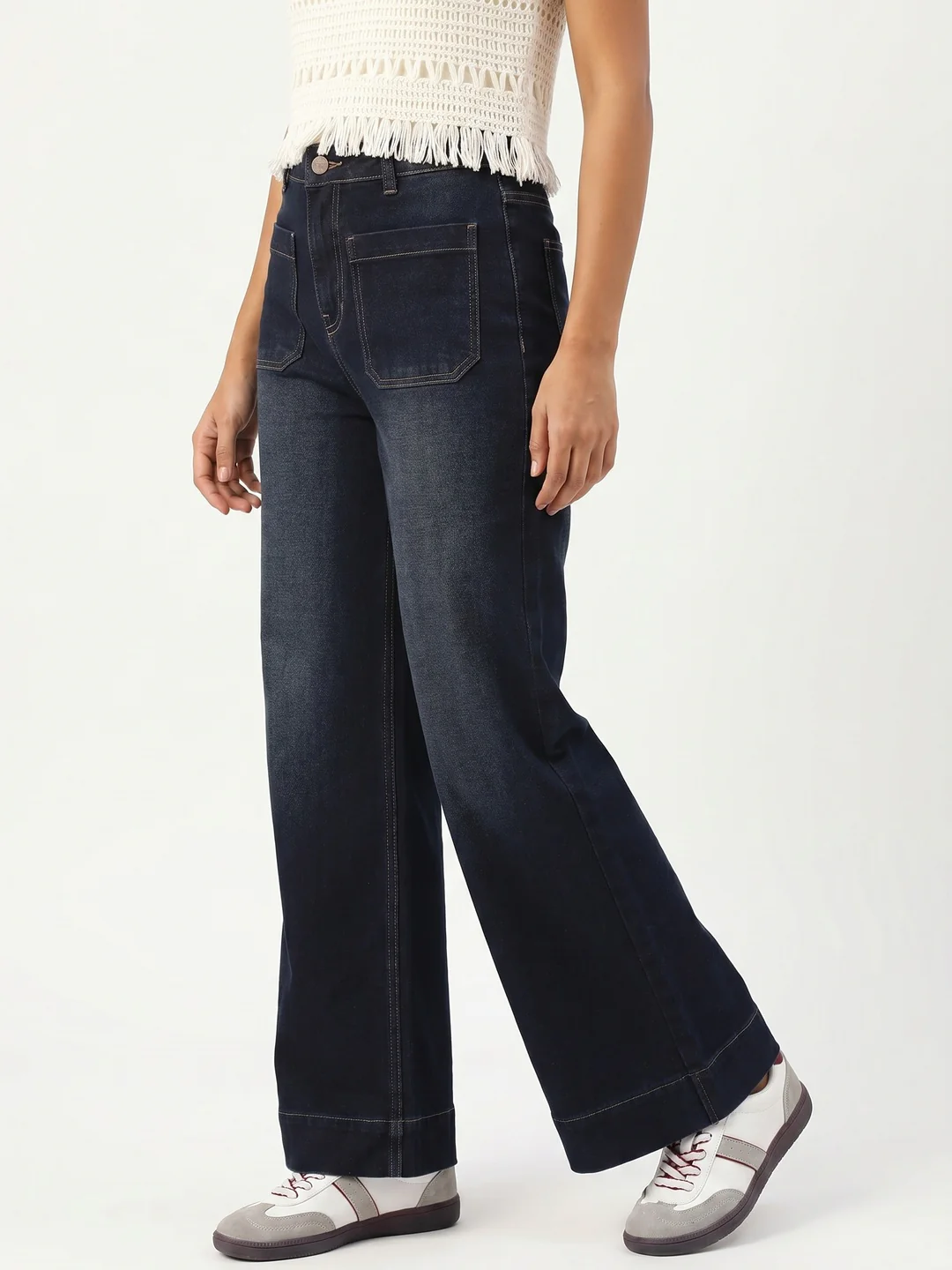 Women's Dark Blue Mid Rise Wide-Leg Washed Jeans Non-Stretchable - Image 2