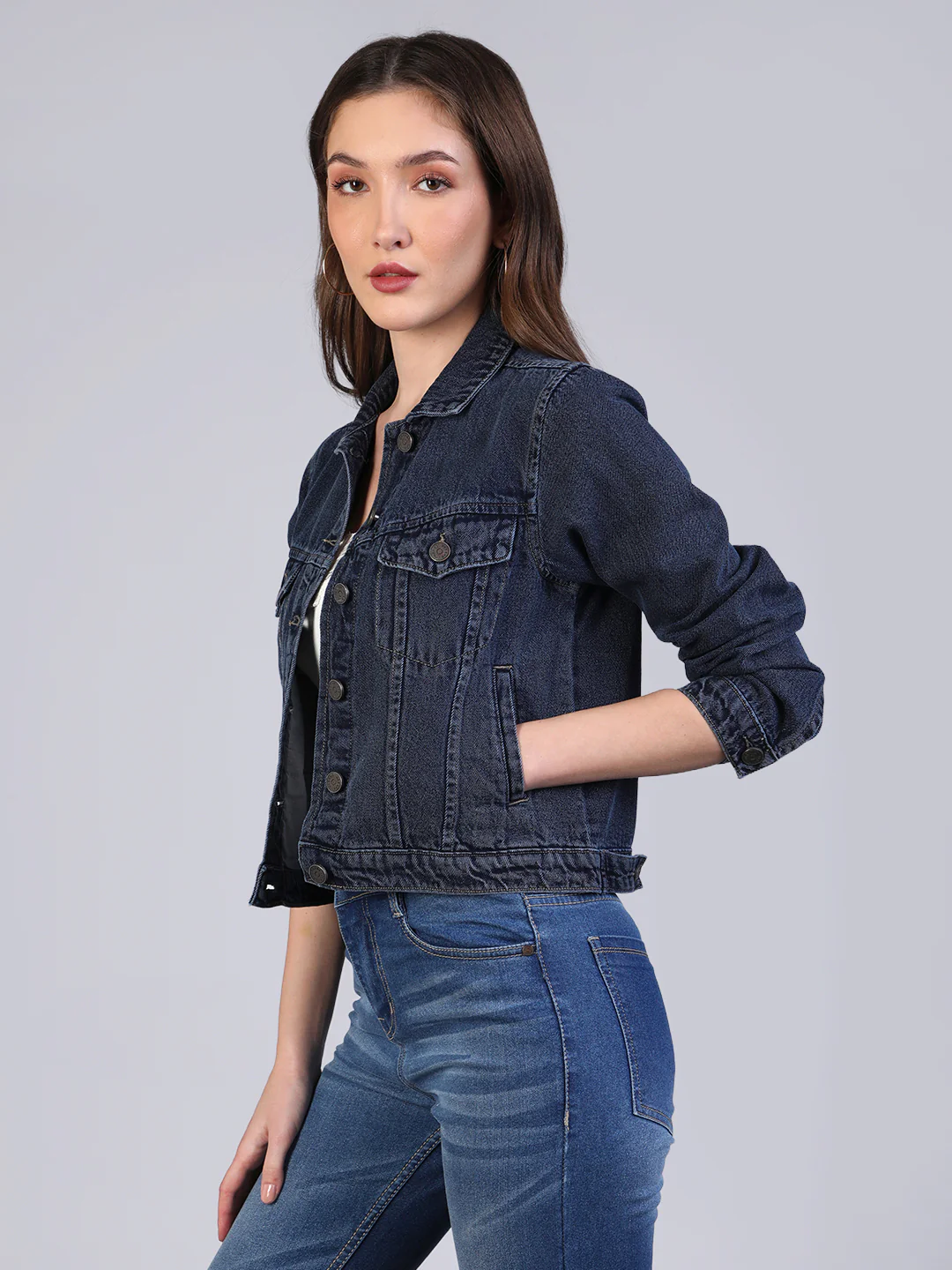 Women's Dark Blue Regular Fit Washed Full Sleeve Denim Jacket - Image 2