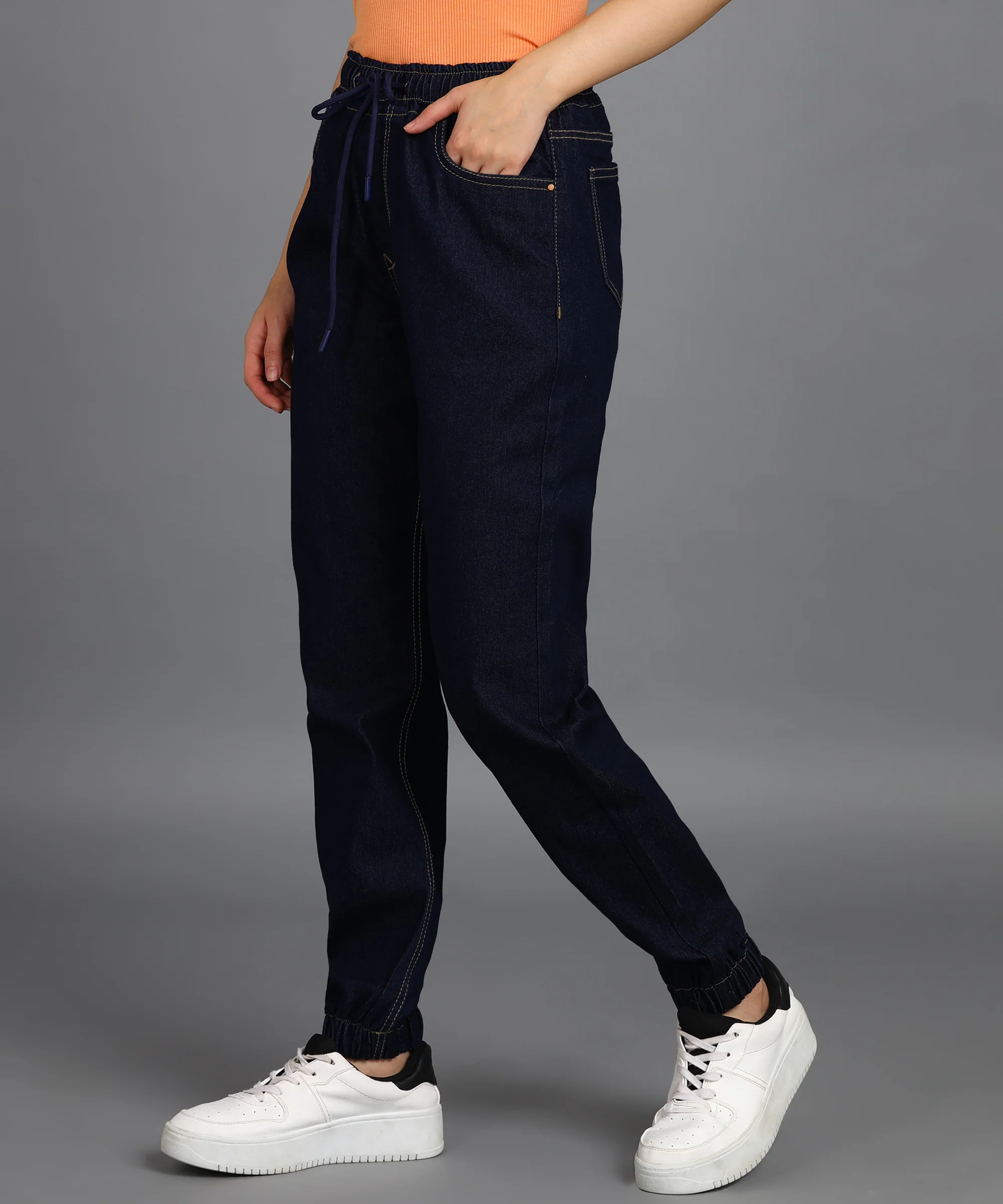 Women's Dark Blue Regular Fit Washed Jogger Jeans - Image 2