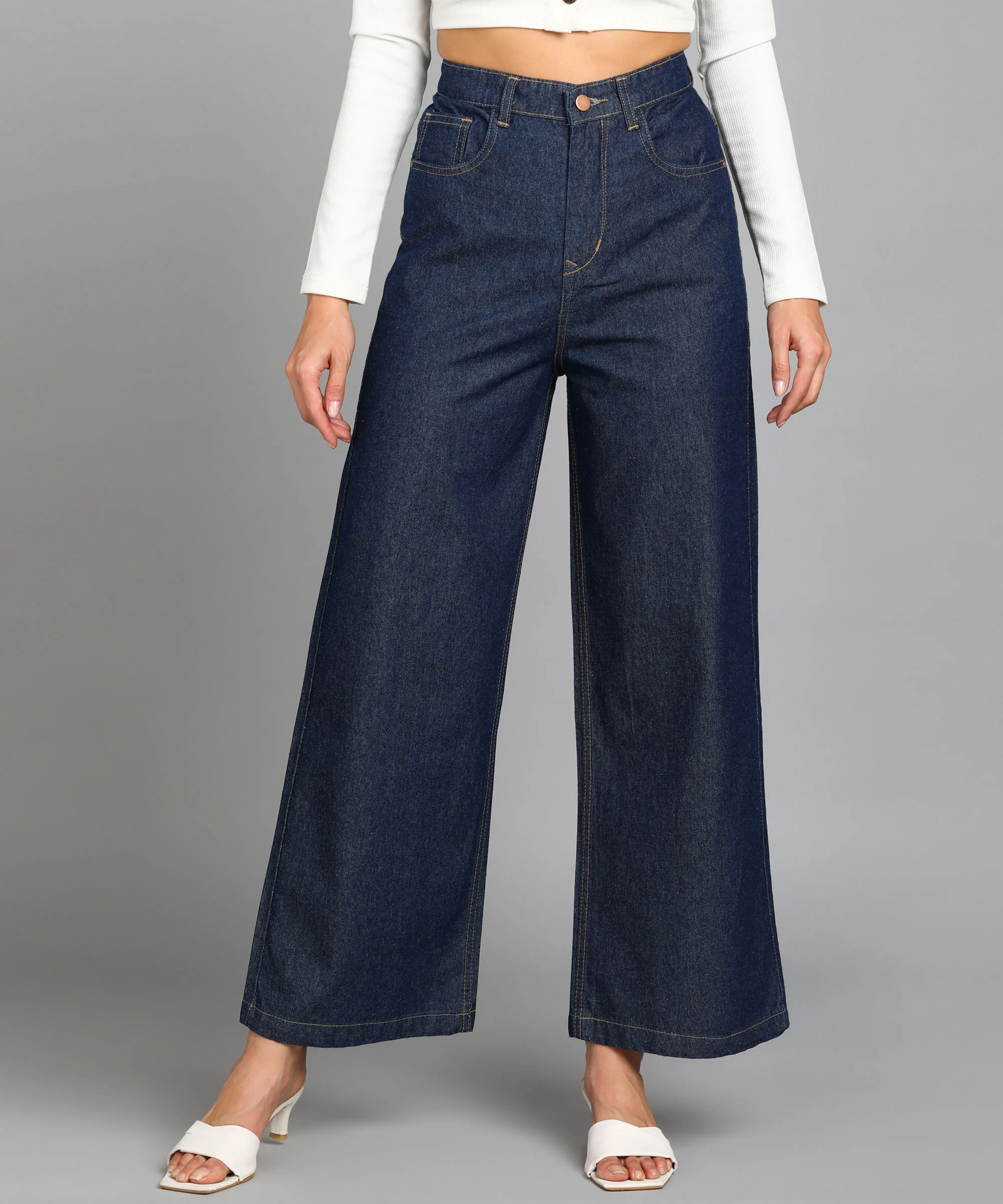 Women's Dark Blue Wide Leg Fit Washed Jeans