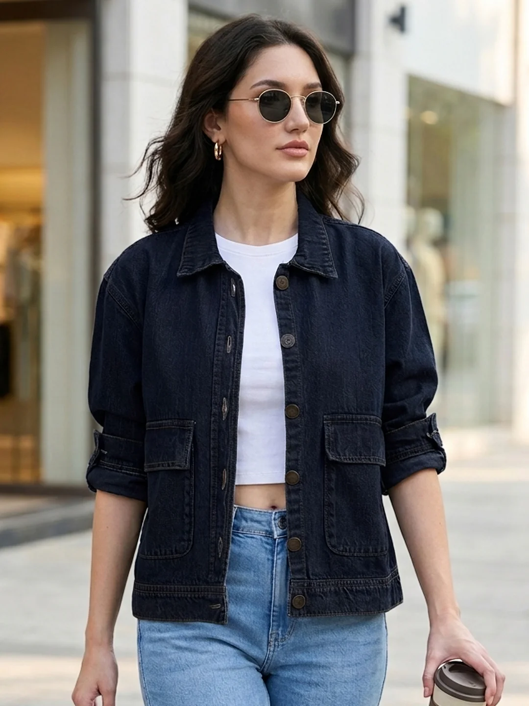 Women's Dark Blue Relaxed Fit Full Sleeve Utility Denim Jacket