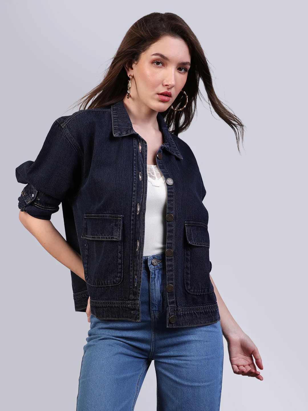 Women's Dark Blue Relaxed Fit Full Sleeve Utility Denim Jacket - Image 2