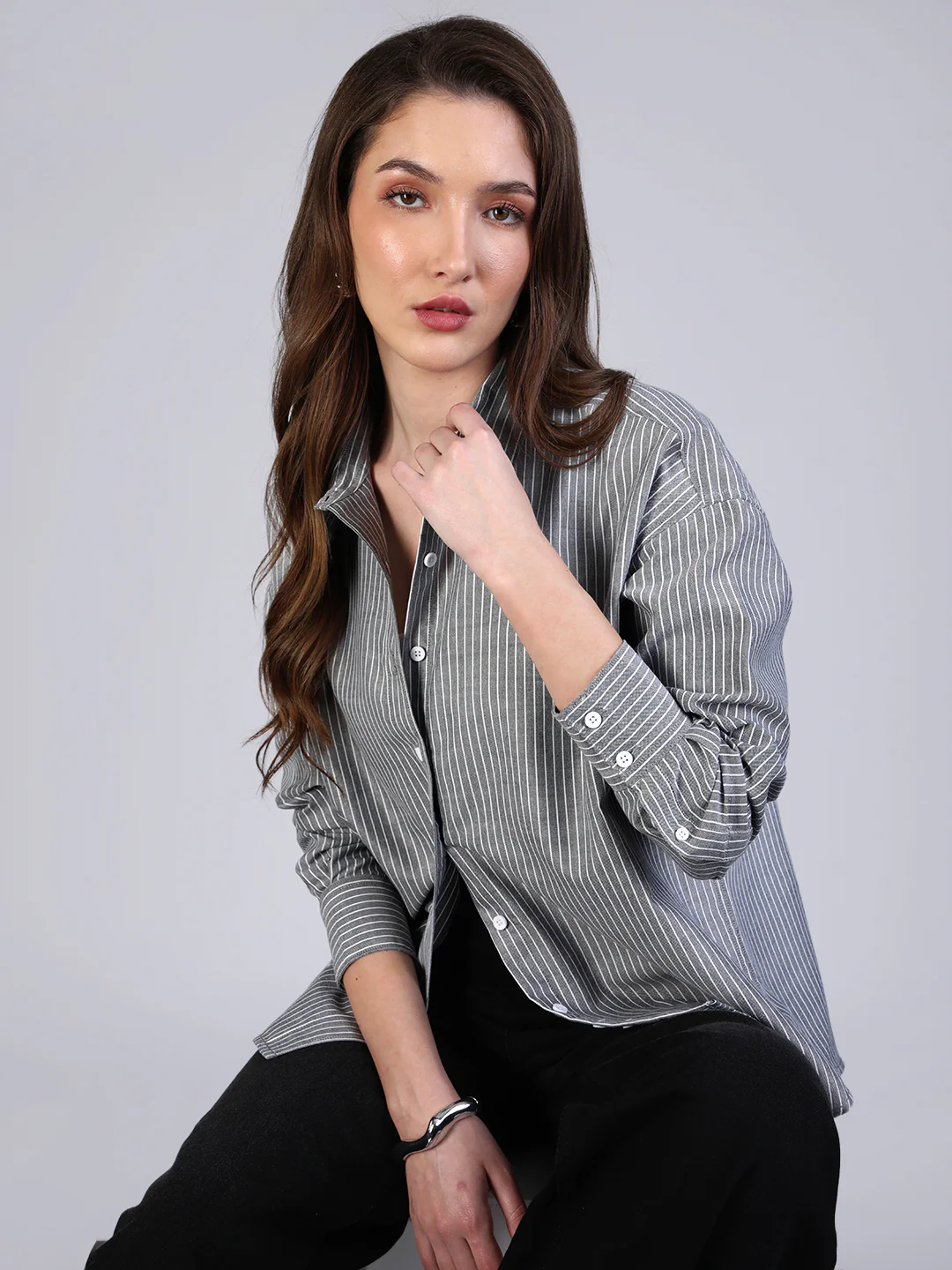 Women's Grey Cotton Full Sleeve Oversized Fit Casual Striped Shirt with Spread Collar - Image 2