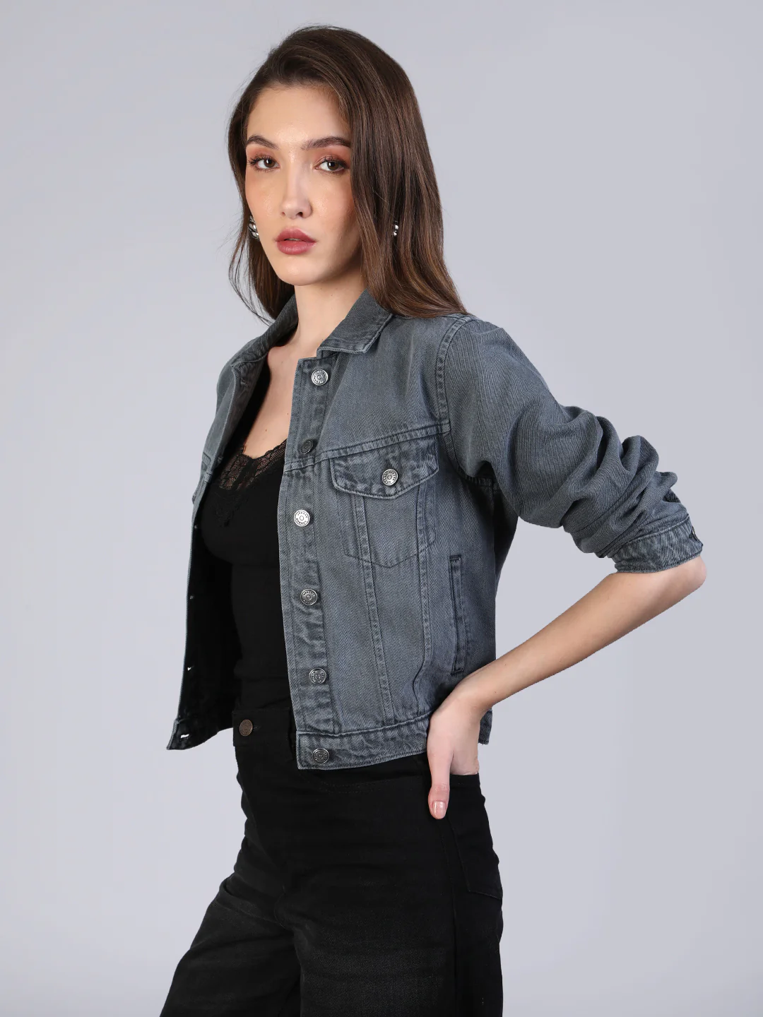 Women's Grey Regular Fit Washed Full Sleeve Denim Jacket - Image 2
