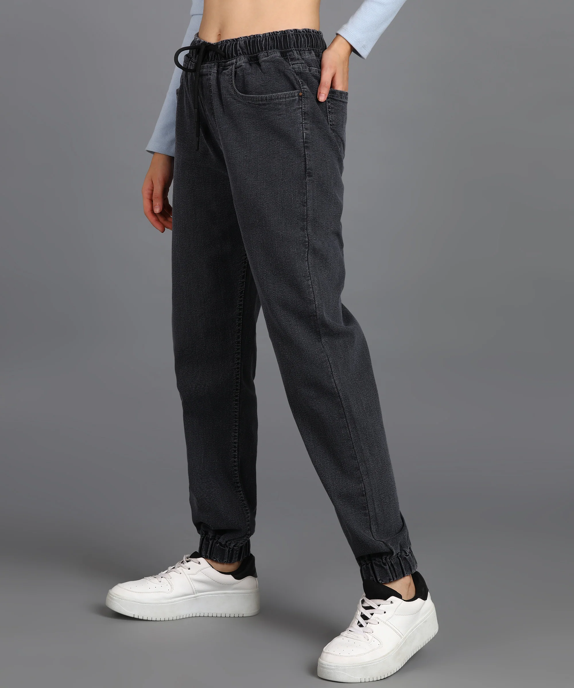 Women's Grey Regular Fit Washed Jogger Jeans - Image 2